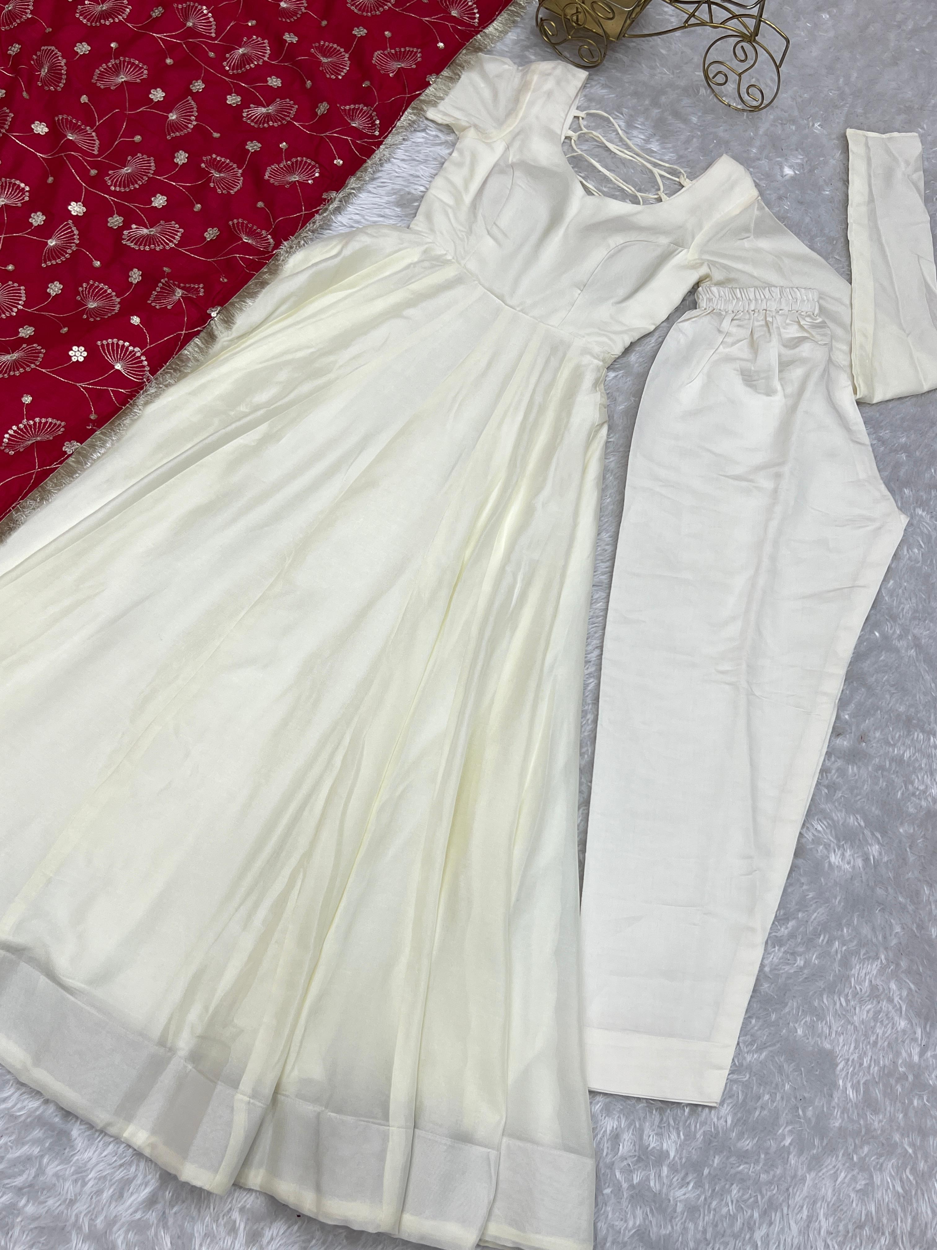 Winsome White Vichitra Silk Anarkali Pant Set With Beautiful Dupatta - Ethnicwish