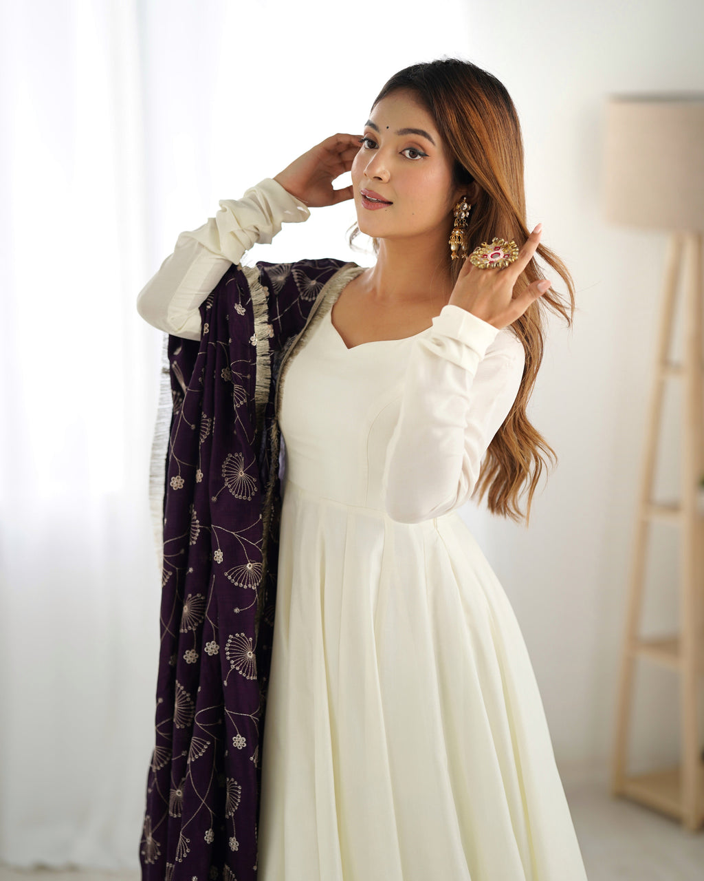 Winsome White Vichitra Silk Anarkali Pant Set With Beautiful Dupatta - Ethnicwish