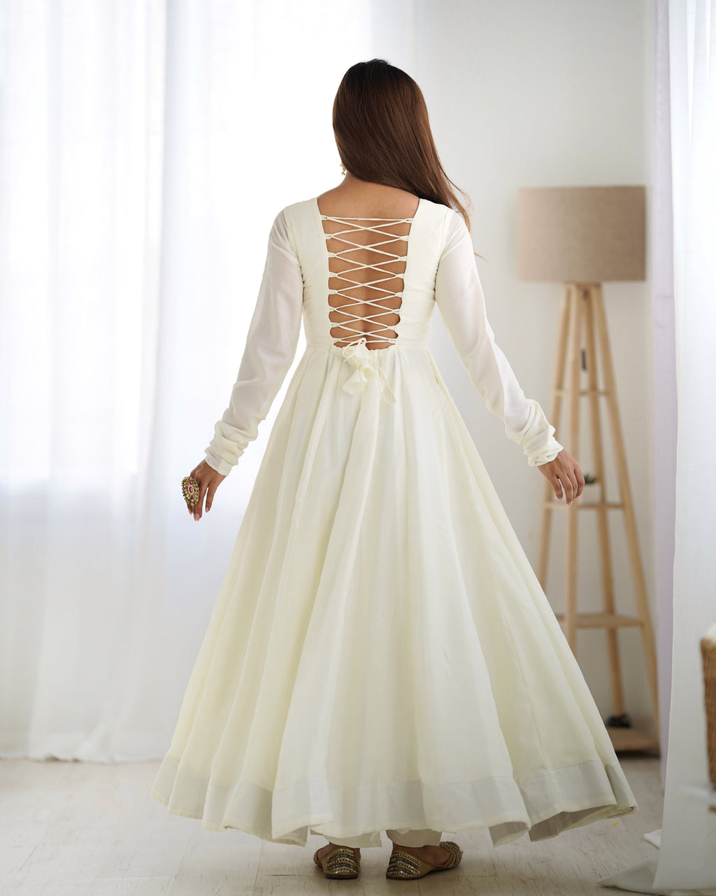 Winsome White Vichitra Silk Anarkali Pant Set With Beautiful Dupatta - Ethnicwish