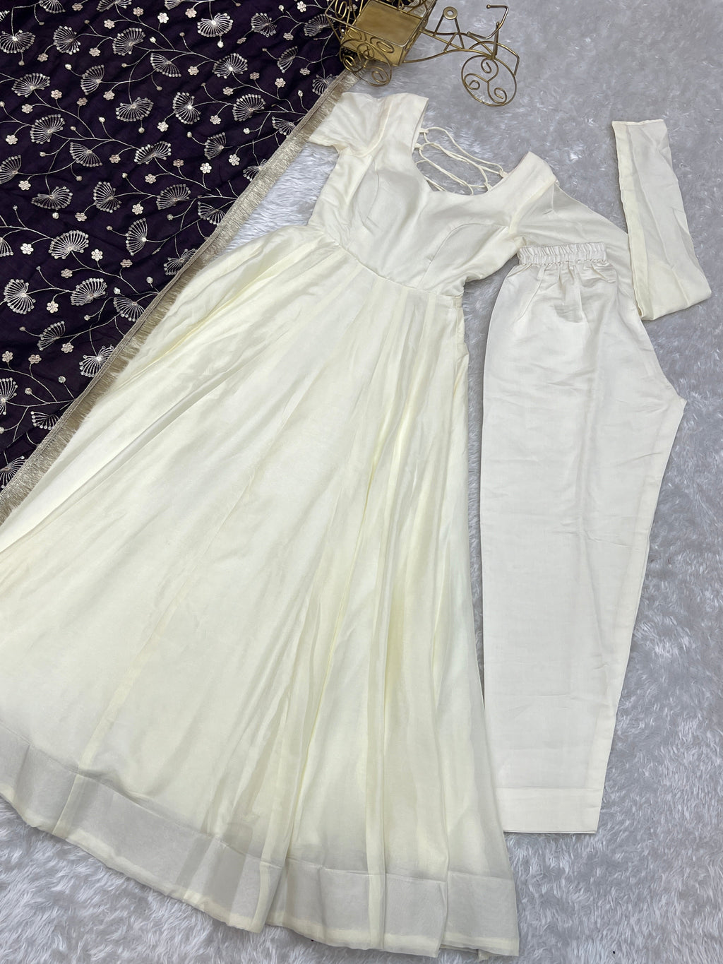 Winsome White Vichitra Silk Anarkali Pant Set With Beautiful Dupatta - Ethnicwish