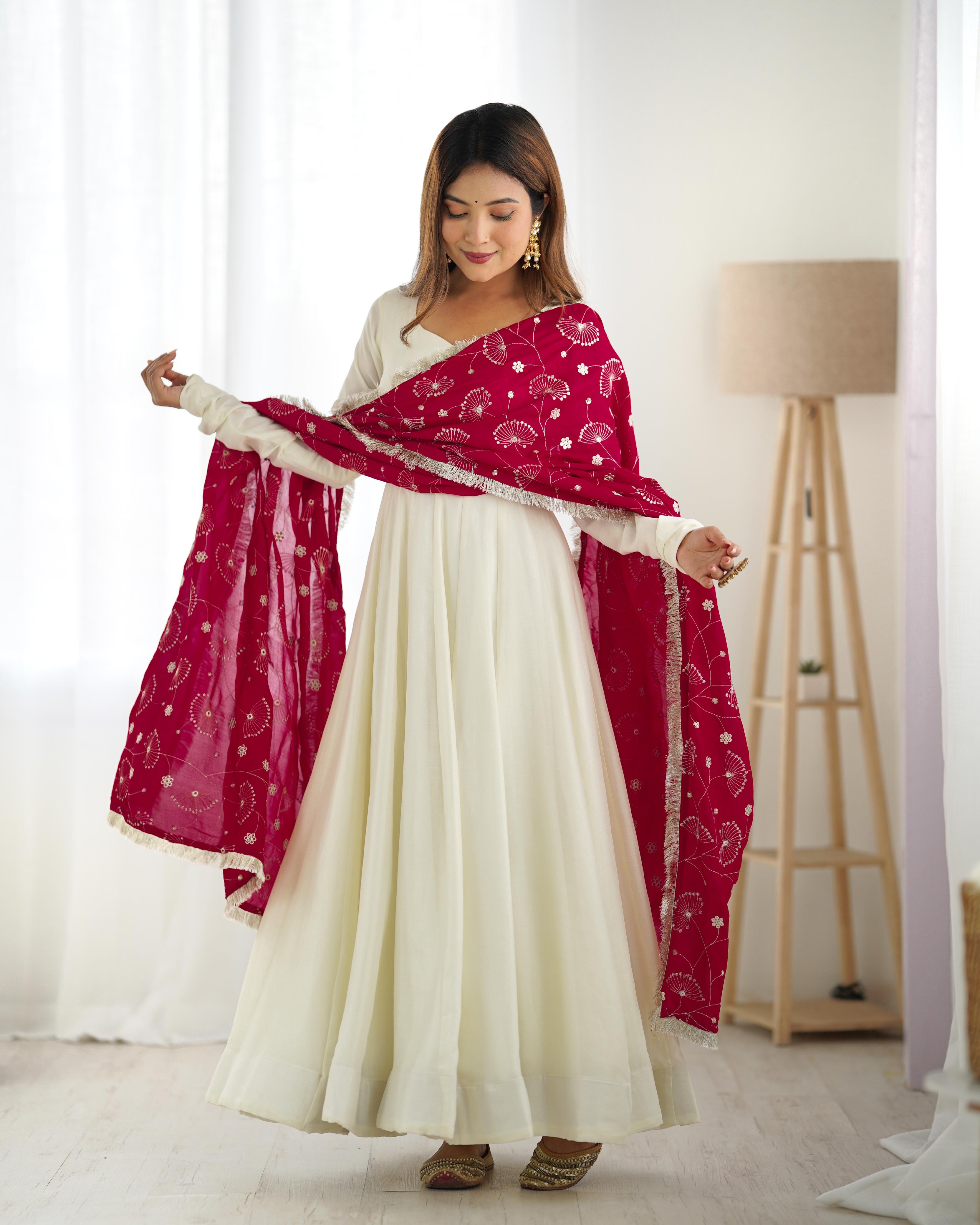 Winsome White Vichitra Silk Anarkali Pant Set With Beautiful Dupatta - Ethnicwish