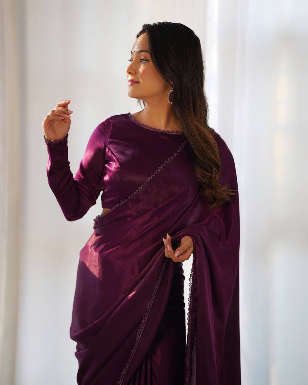 Radiant Wine Premium Marble Velvet Ready To Wear Saree - Ethnicwish
