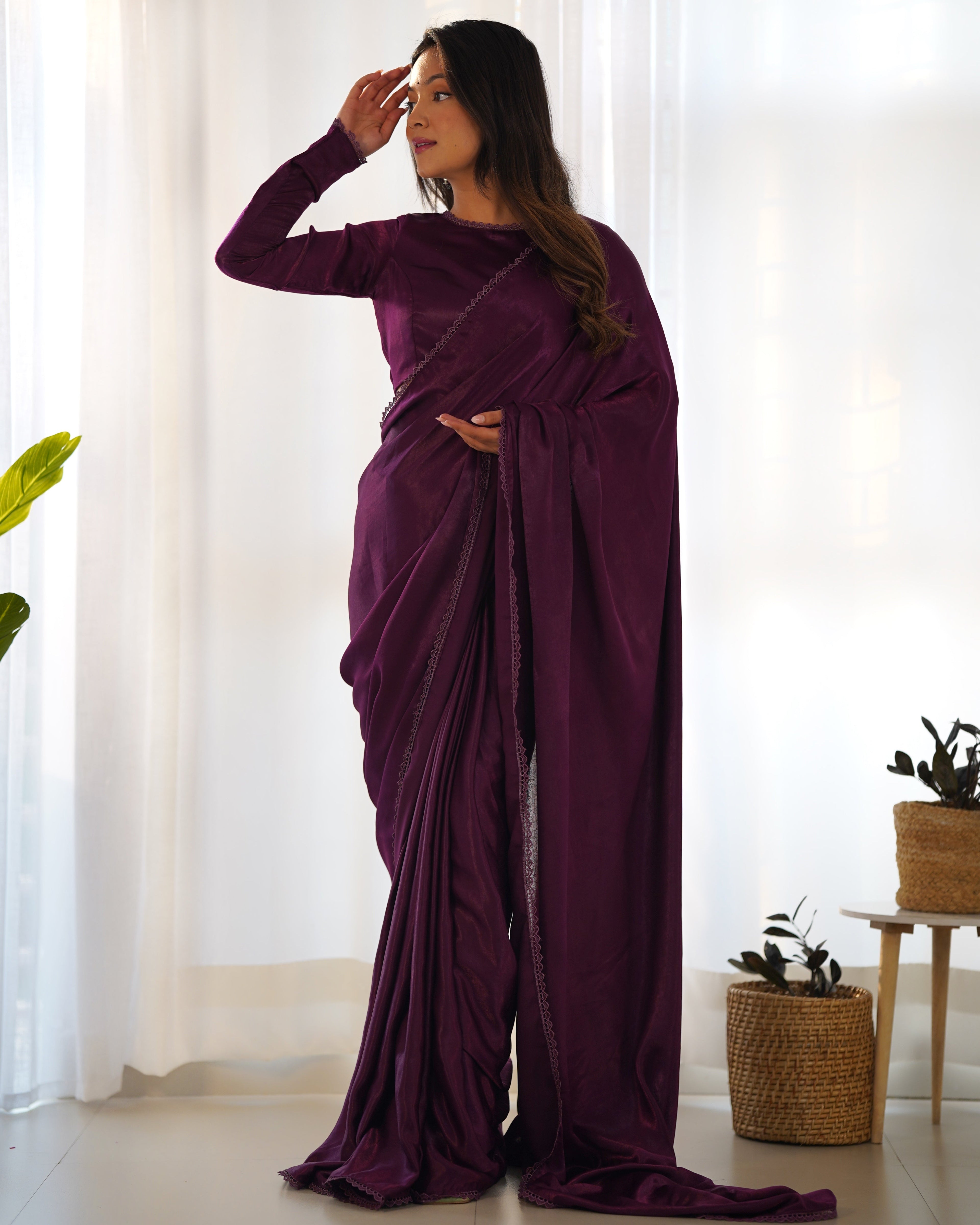 Radiant Wine Premium Marble Velvet Ready To Wear Saree - Ethnicwish
