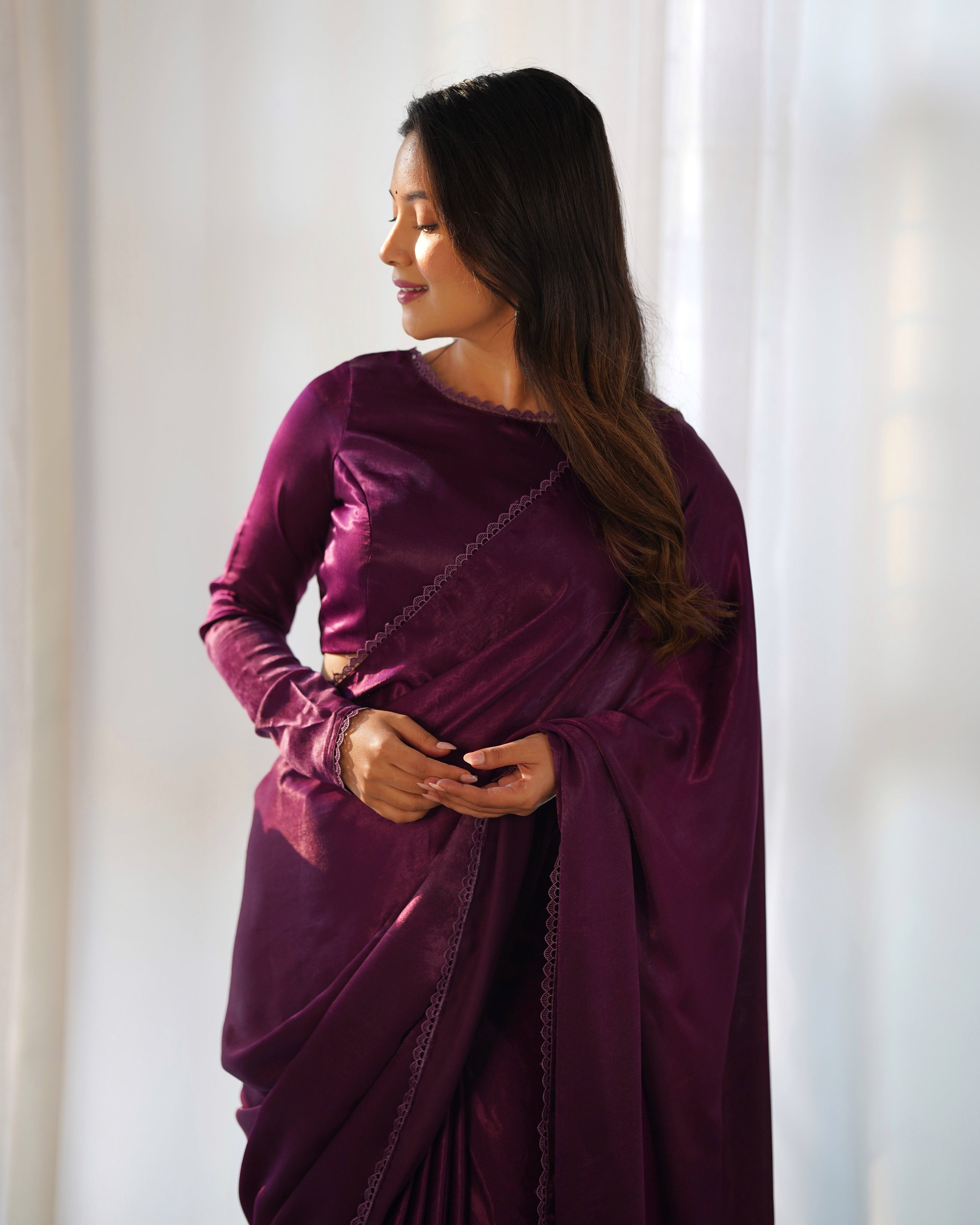 Radiant Wine Premium Marble Velvet Ready To Wear Saree - Ethnicwish