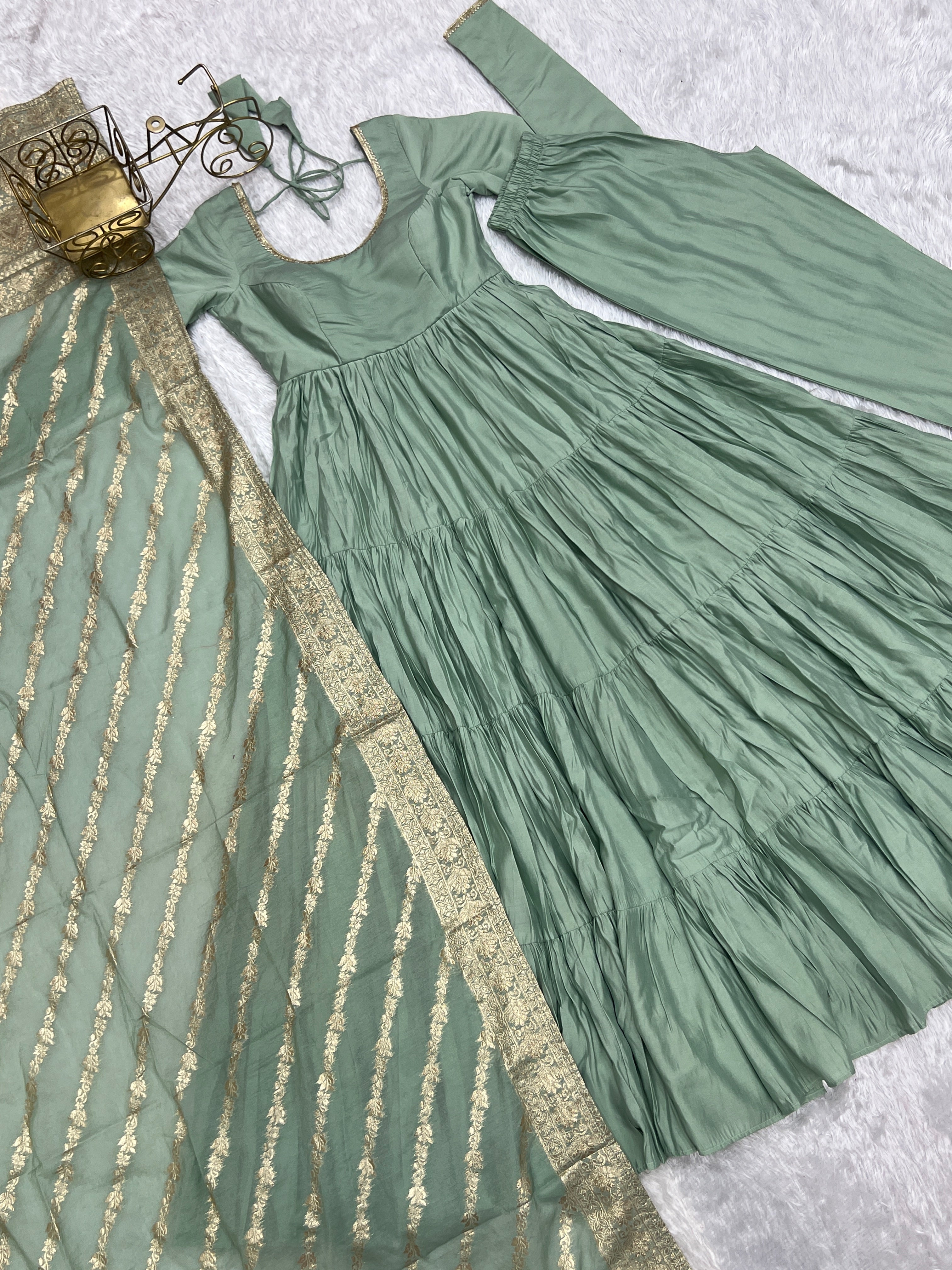 Elegant Pure Roman Silk 9 Mtr Flared Designer Anarkali Suit - Ethnicwish