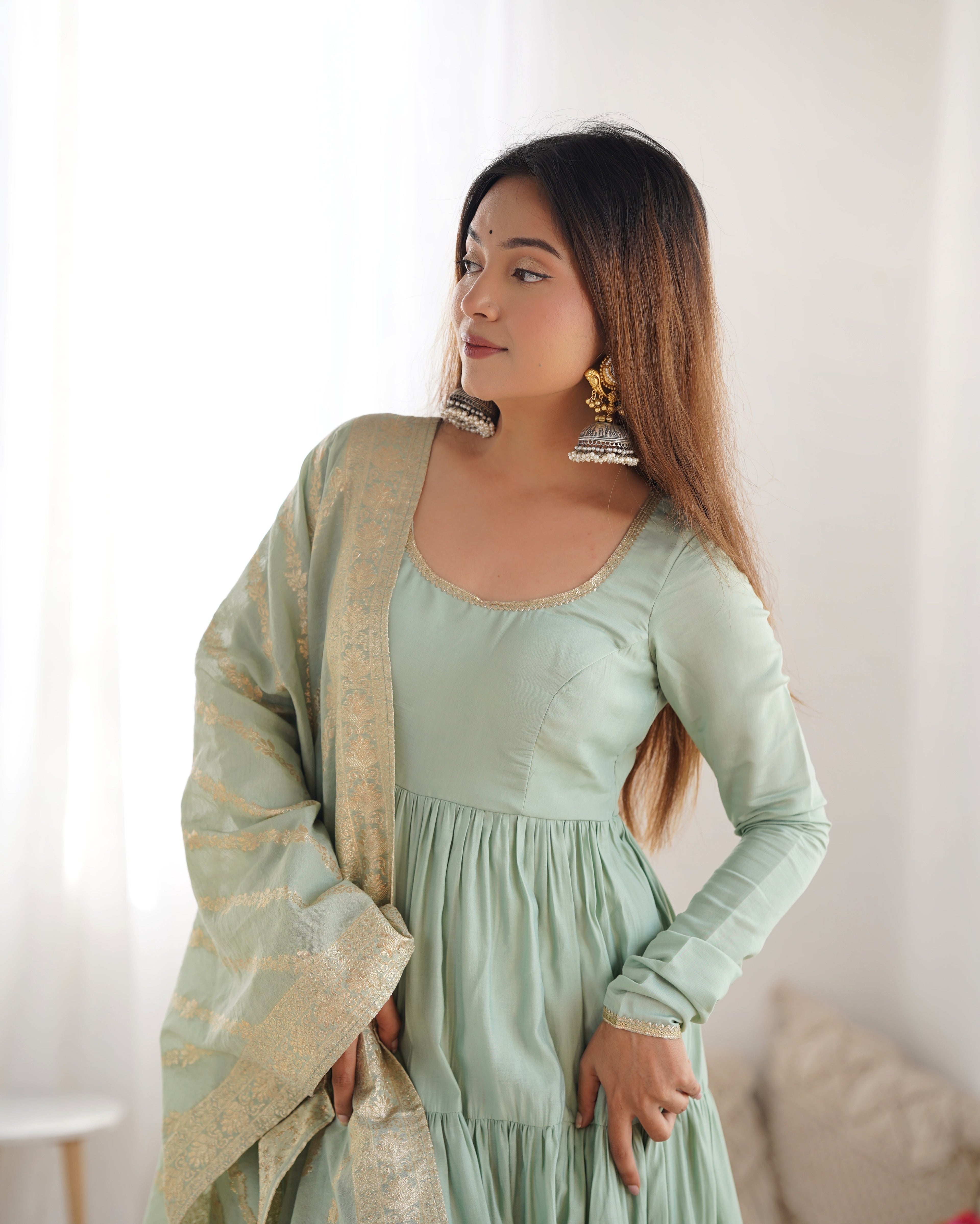 Elegant Pure Roman Silk 9 Mtr Flared Designer Anarkali Suit - Ethnicwish