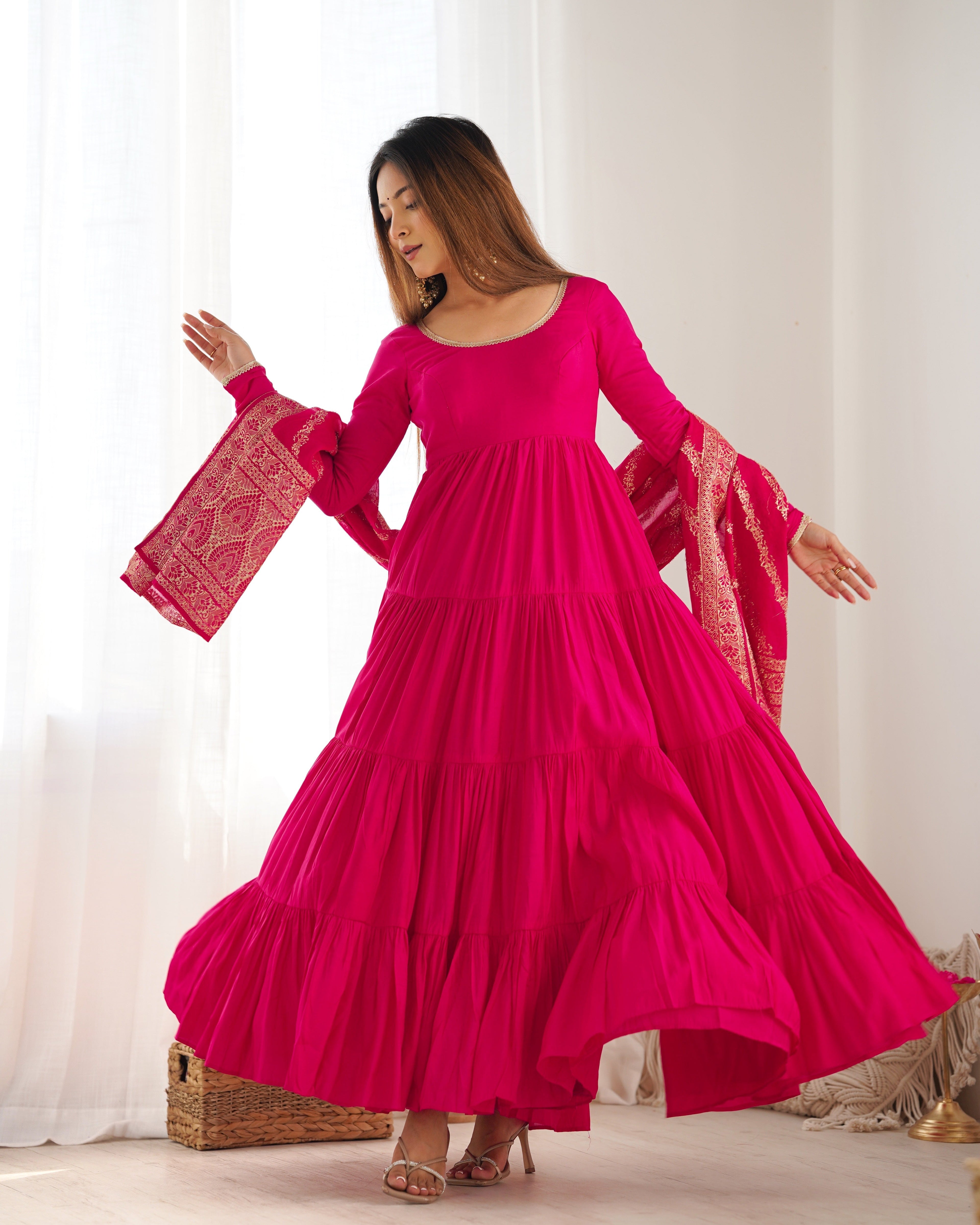 Elegant Pure Roman Silk 9 Mtr Flared Designer Anarkali Suit - Ethnicwish