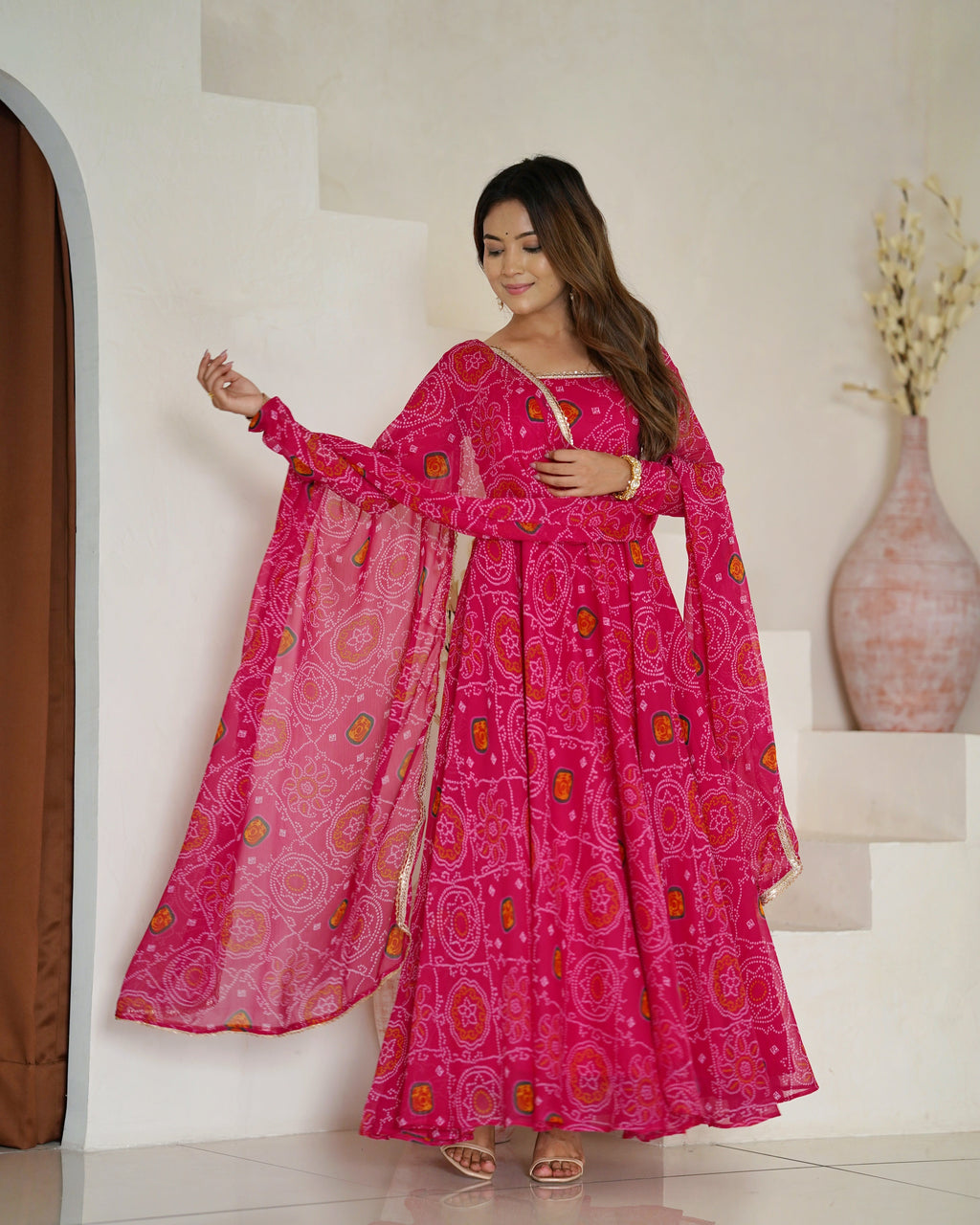 Stylish Pure Chiffon Intricate Bandhej Printed Anarkali Pant Suit - Ethnicwish