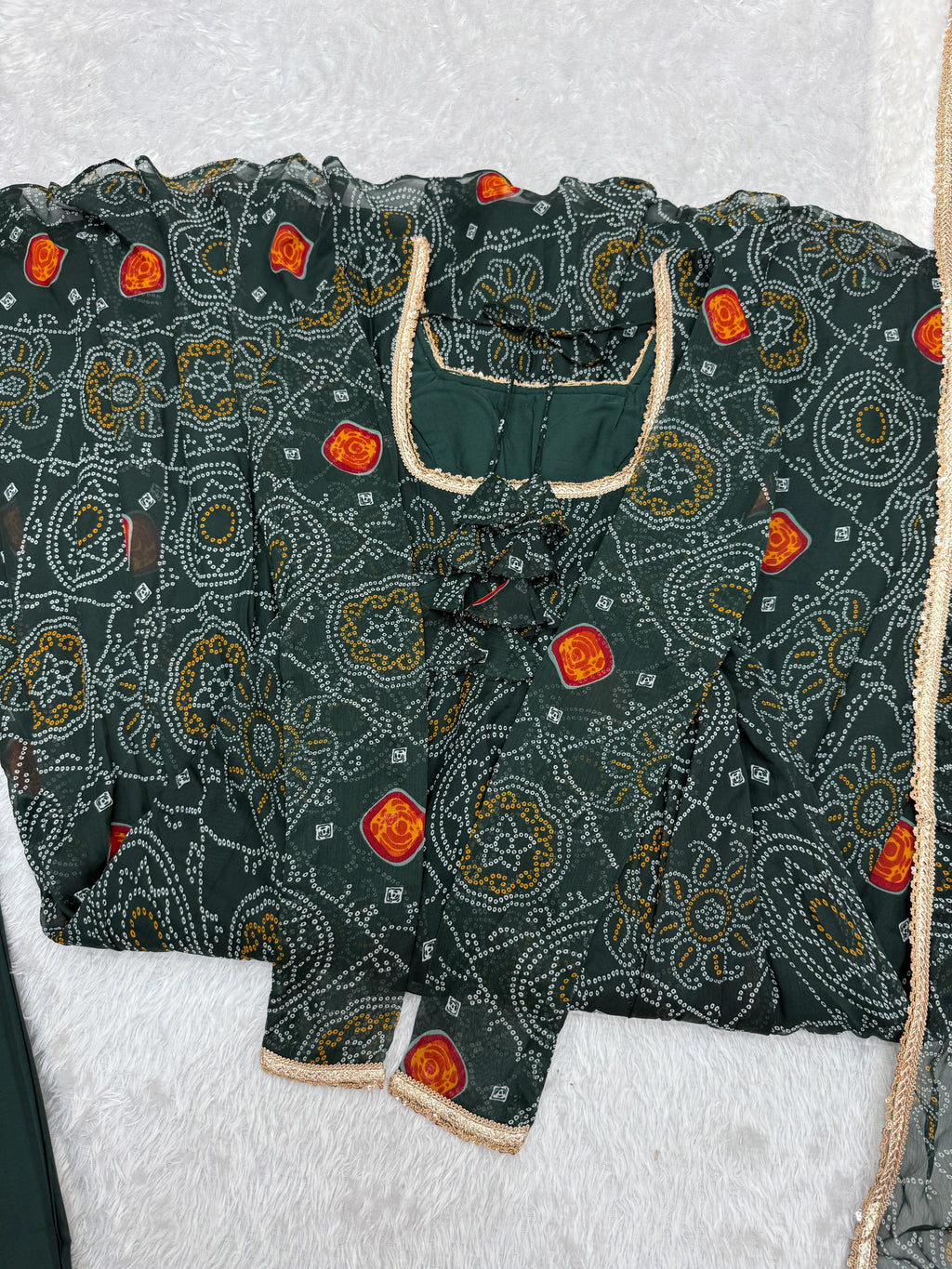 Stylish Pure Chiffon Intricate Bandhej Printed Anarkali Pant Suit - ETHNICDEAL