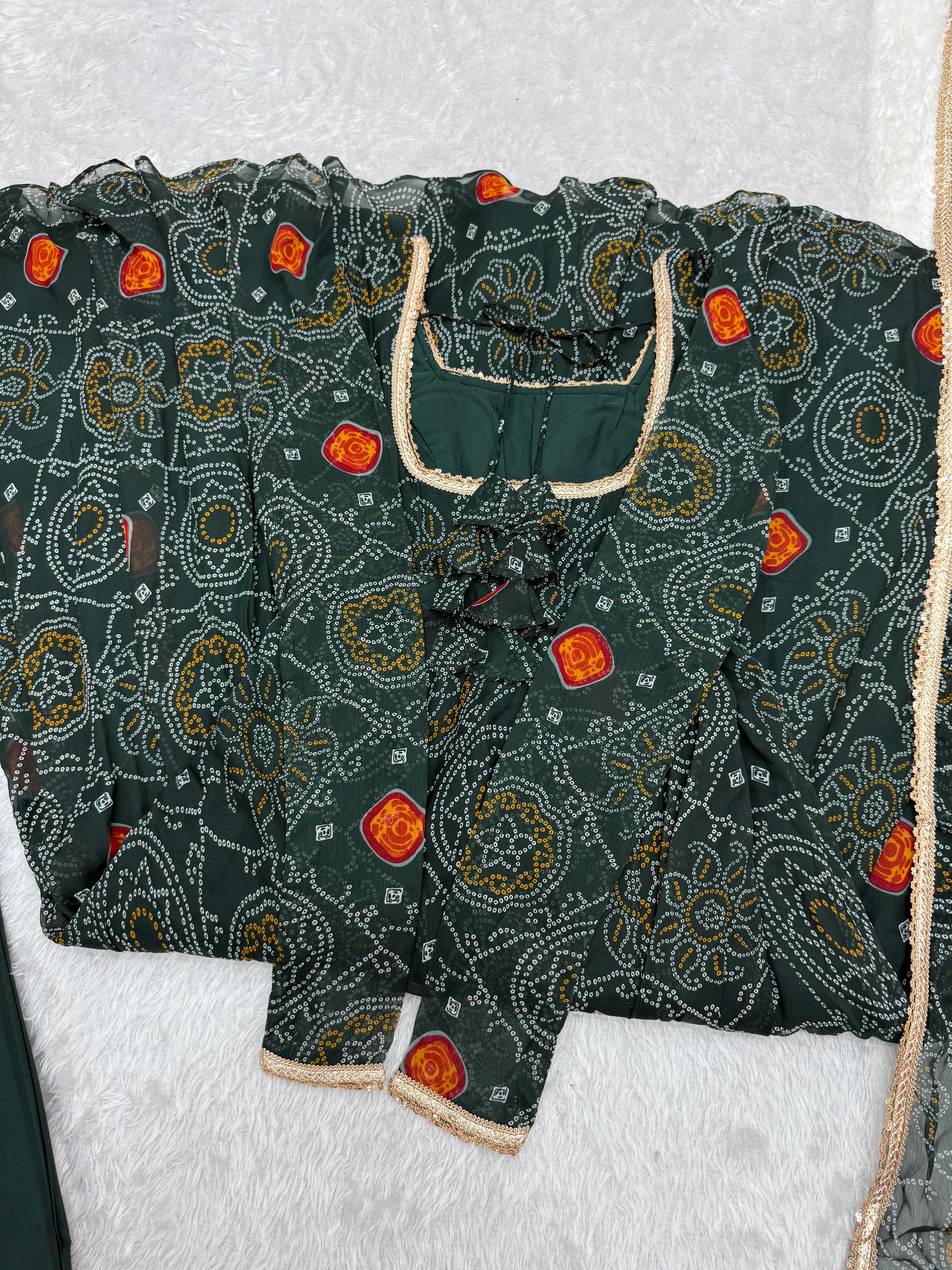 Stylish Pure Chiffon Intricate Bandhej Printed Anarkali Pant Suit - ETHNICDEAL