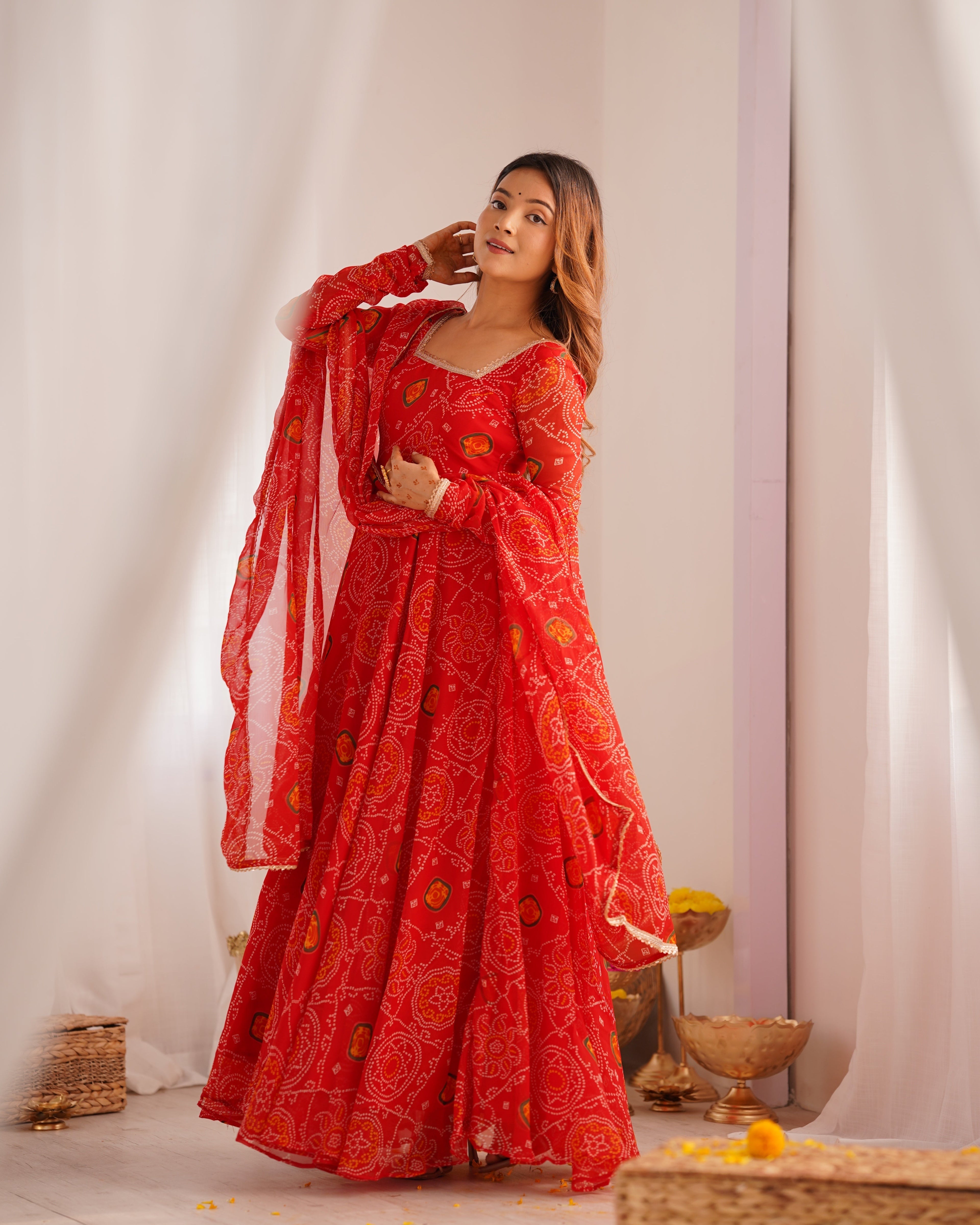 Stylish Pure Chiffon Intricate Bandhej Printed Anarkali Pant Suit - Ethnicwish