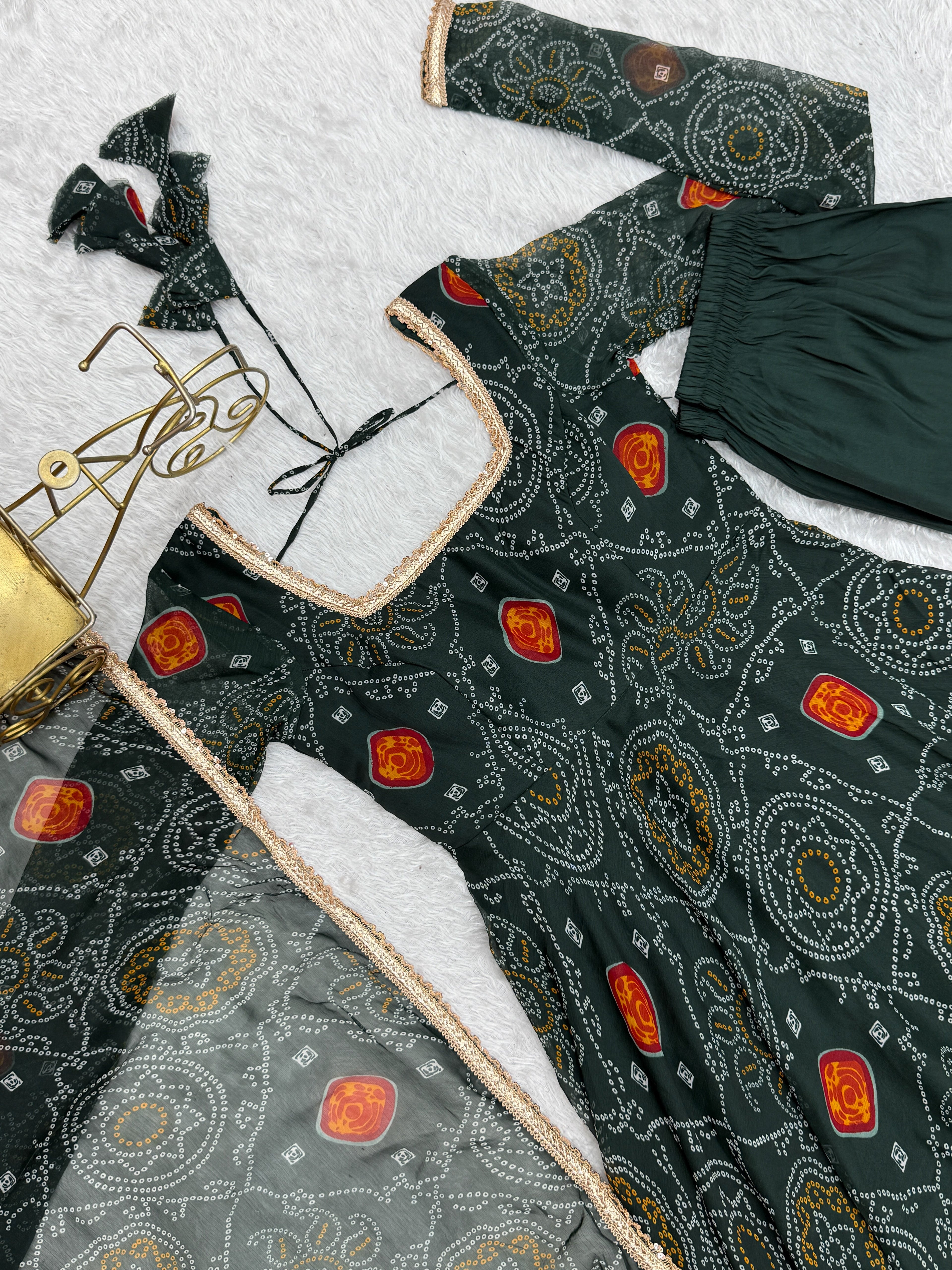 Stylish Pure Chiffon Intricate Bandhej Printed Anarkali Pant Suit - ETHNICDEAL