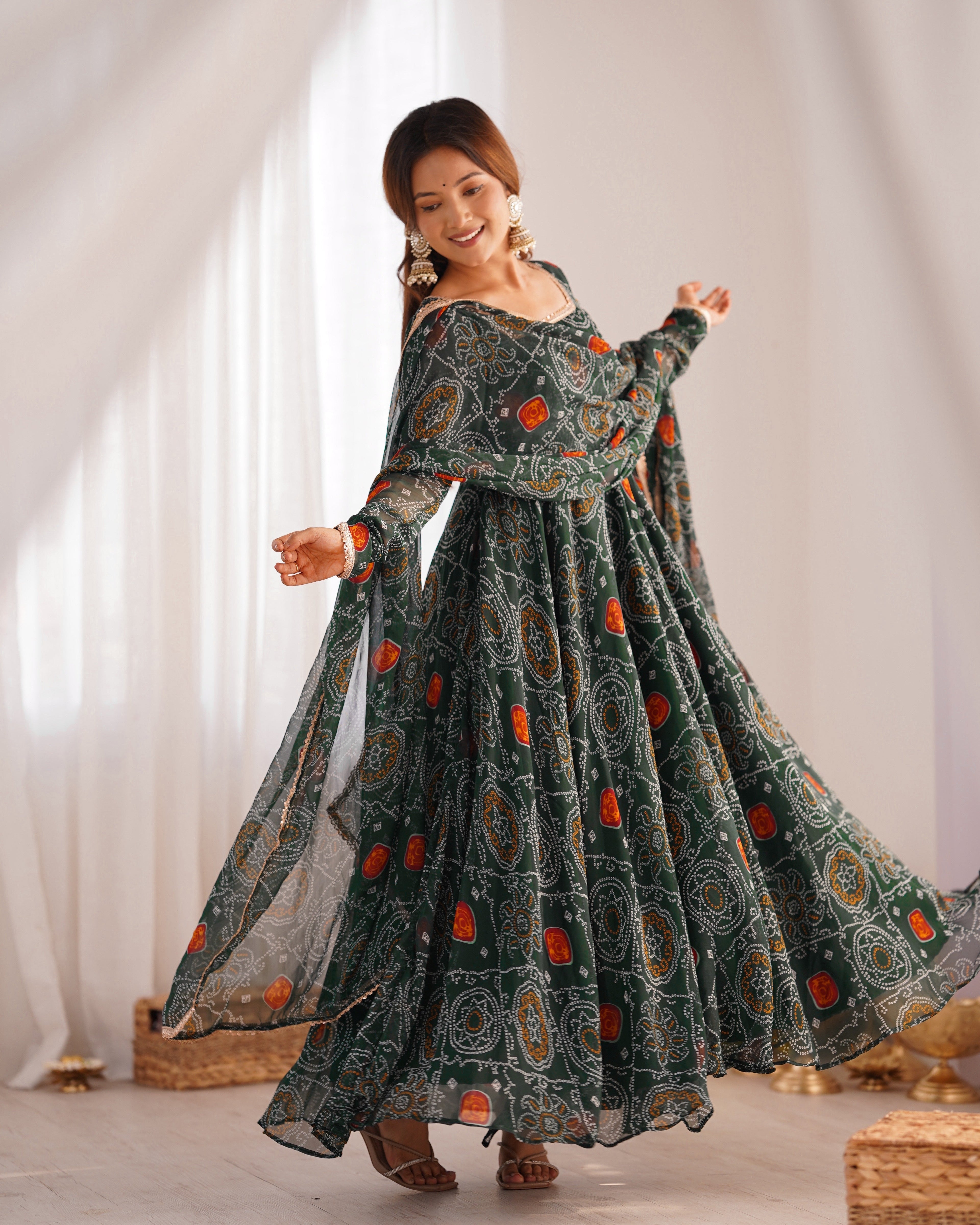 Stylish Pure Chiffon Intricate Bandhej Printed Anarkali Pant Suit - ETHNICDEAL