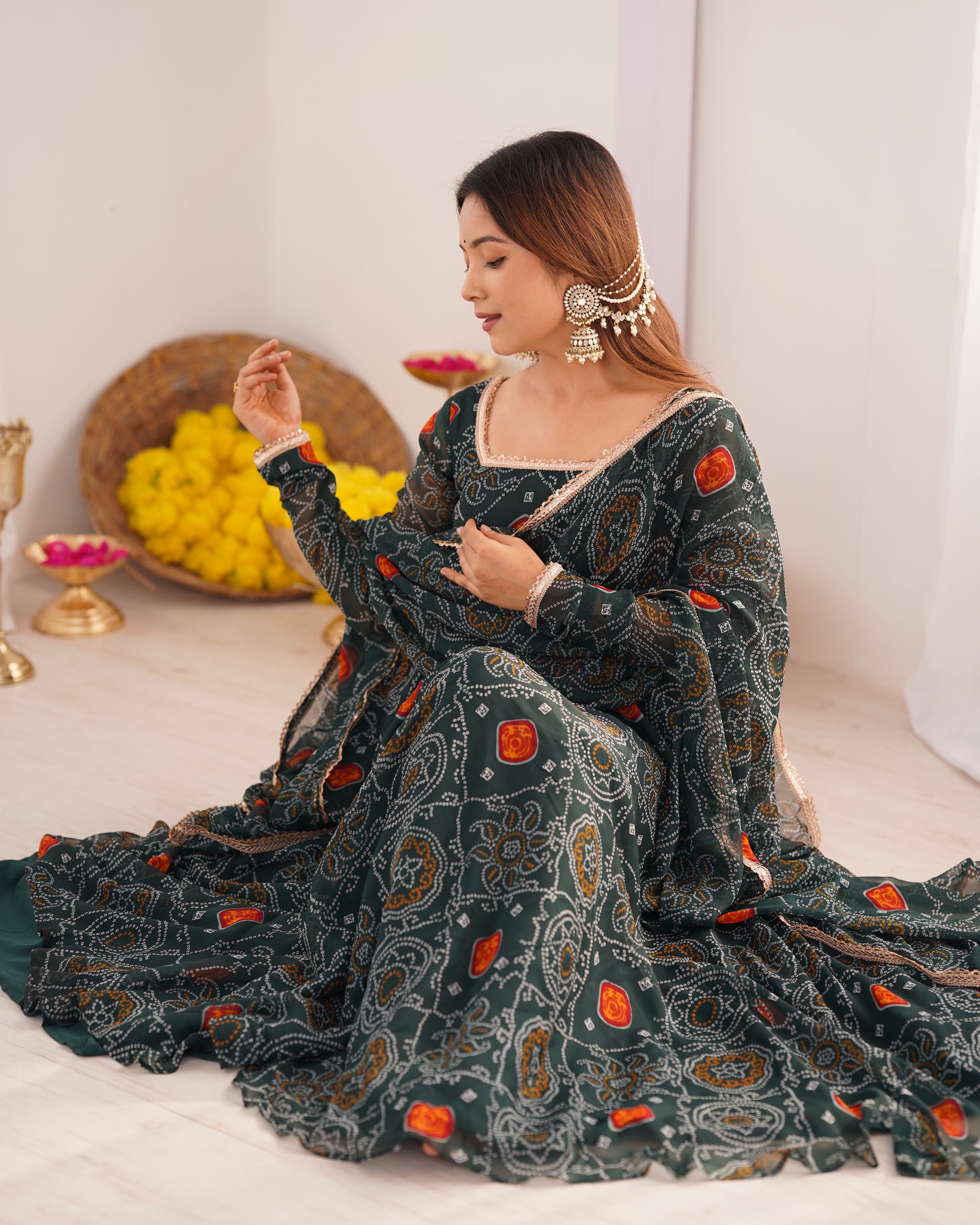 Stylish Pure Chiffon Intricate Bandhej Printed Anarkali Pant Suit - ETHNICDEAL