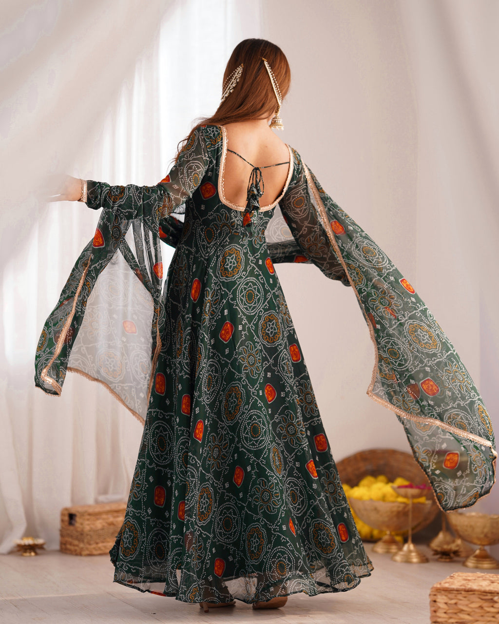 Stylish Pure Chiffon Intricate Bandhej Printed Anarkali Pant Suit - ETHNICDEAL