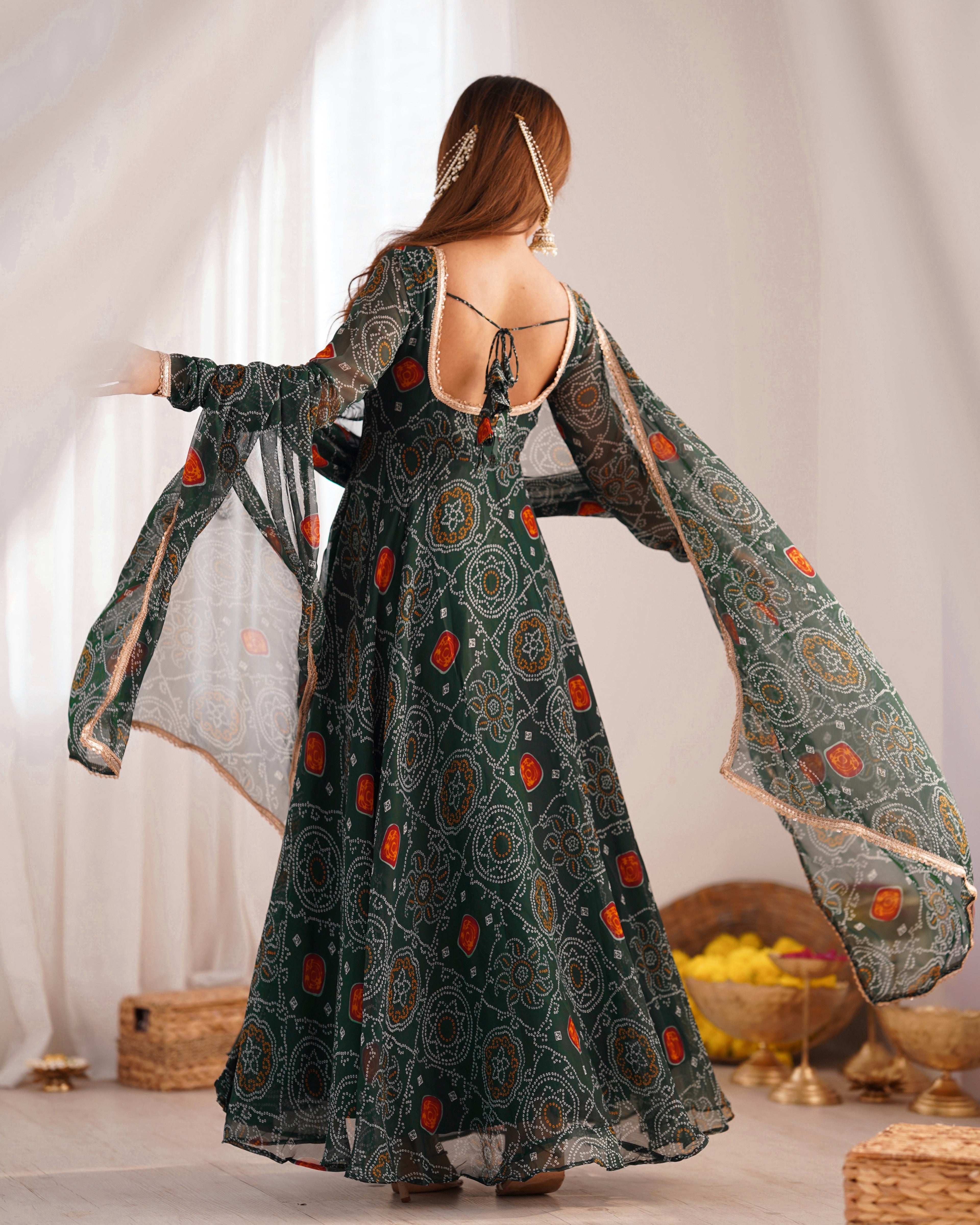 Stylish Pure Chiffon Intricate Bandhej Printed Anarkali Pant Suit - ETHNICDEAL