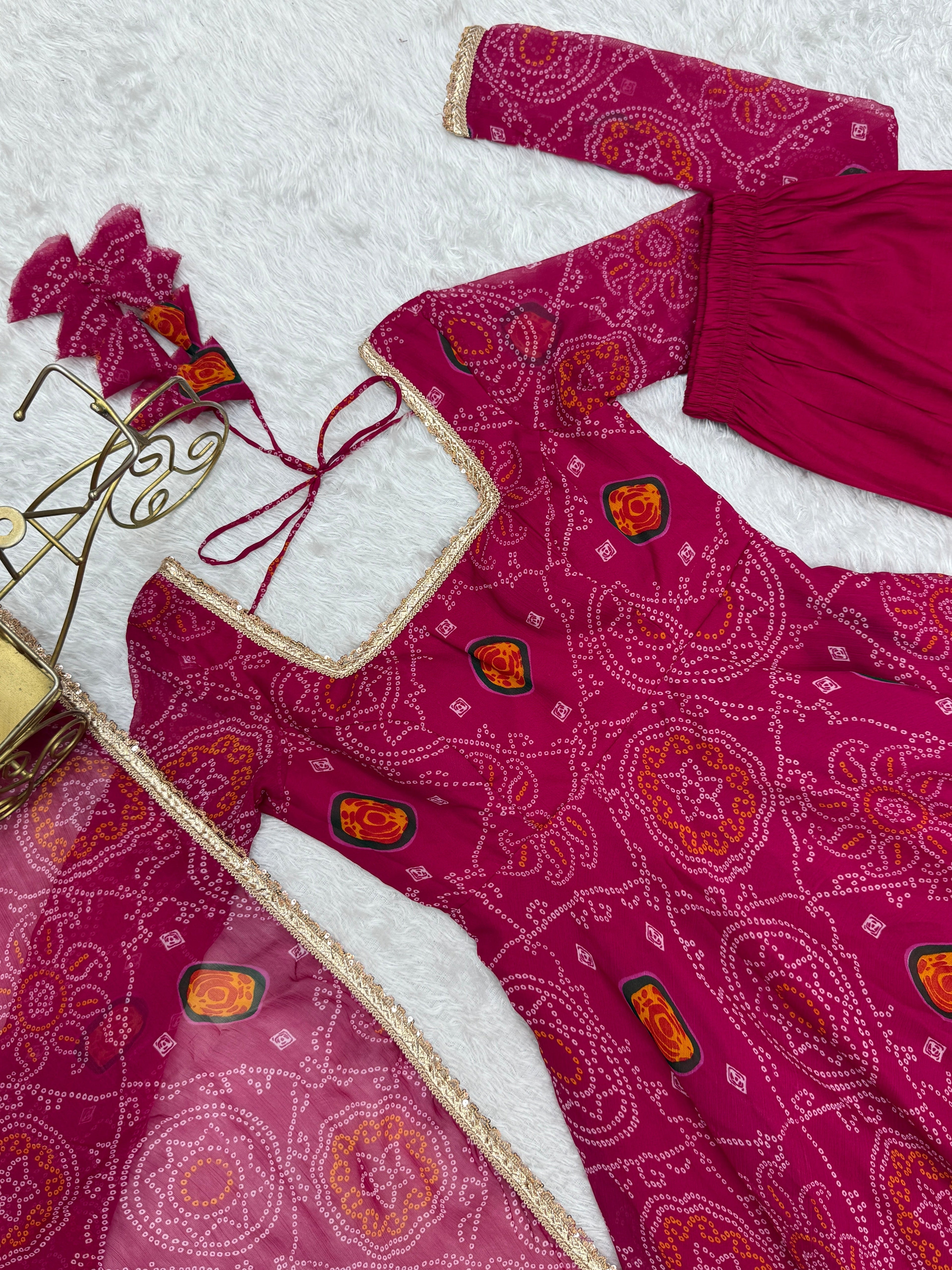 Stylish Pure Chiffon Intricate Bandhej Printed Anarkali Pant Suit - Ethnicwish