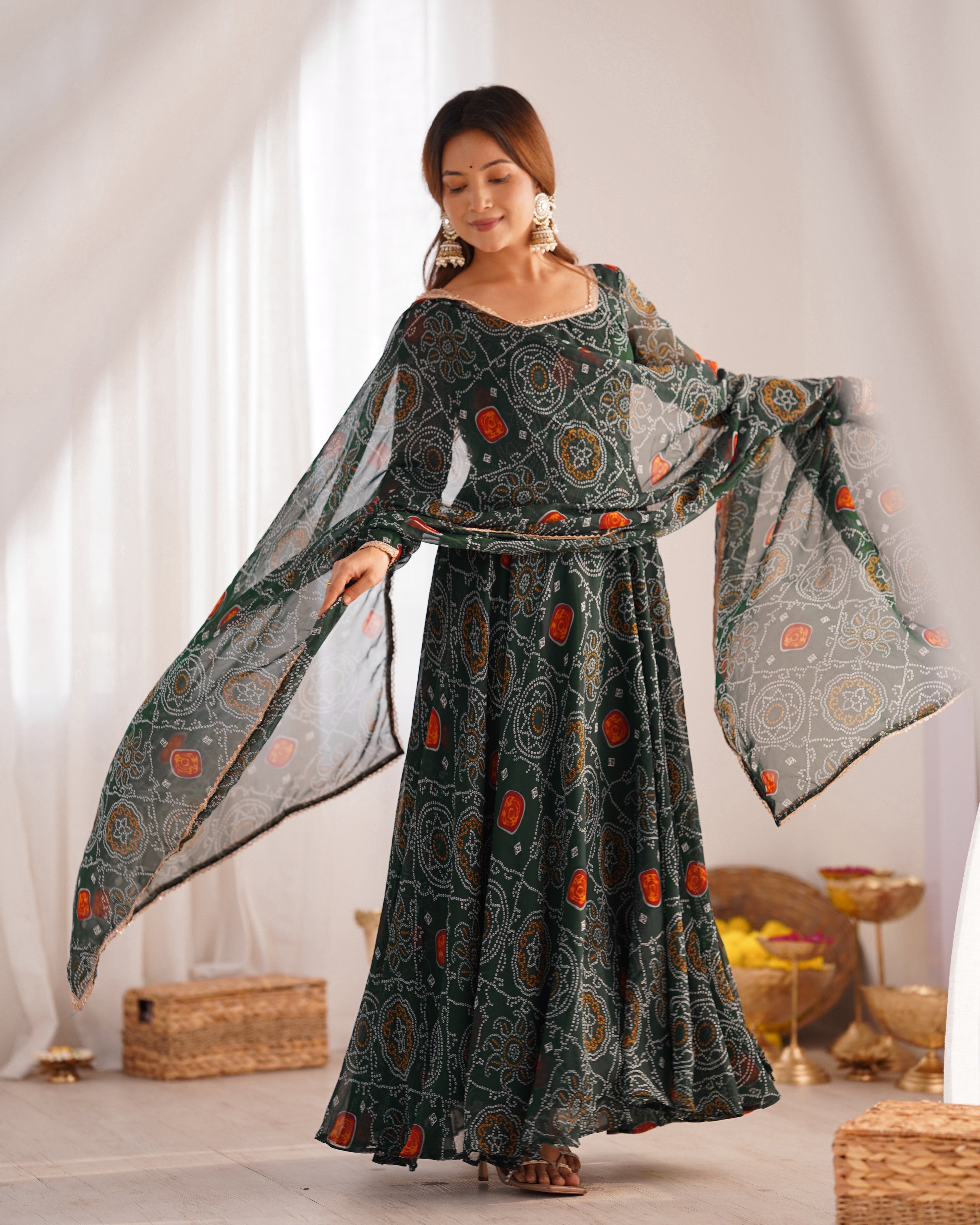 Stylish Pure Chiffon Intricate Bandhej Printed Anarkali Pant Suit - ETHNICDEAL