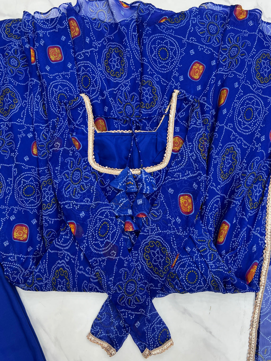 Stylish Pure Chiffon Intricate Bandhej Printed Anarkali Pant Suit - ETHNICDEAL