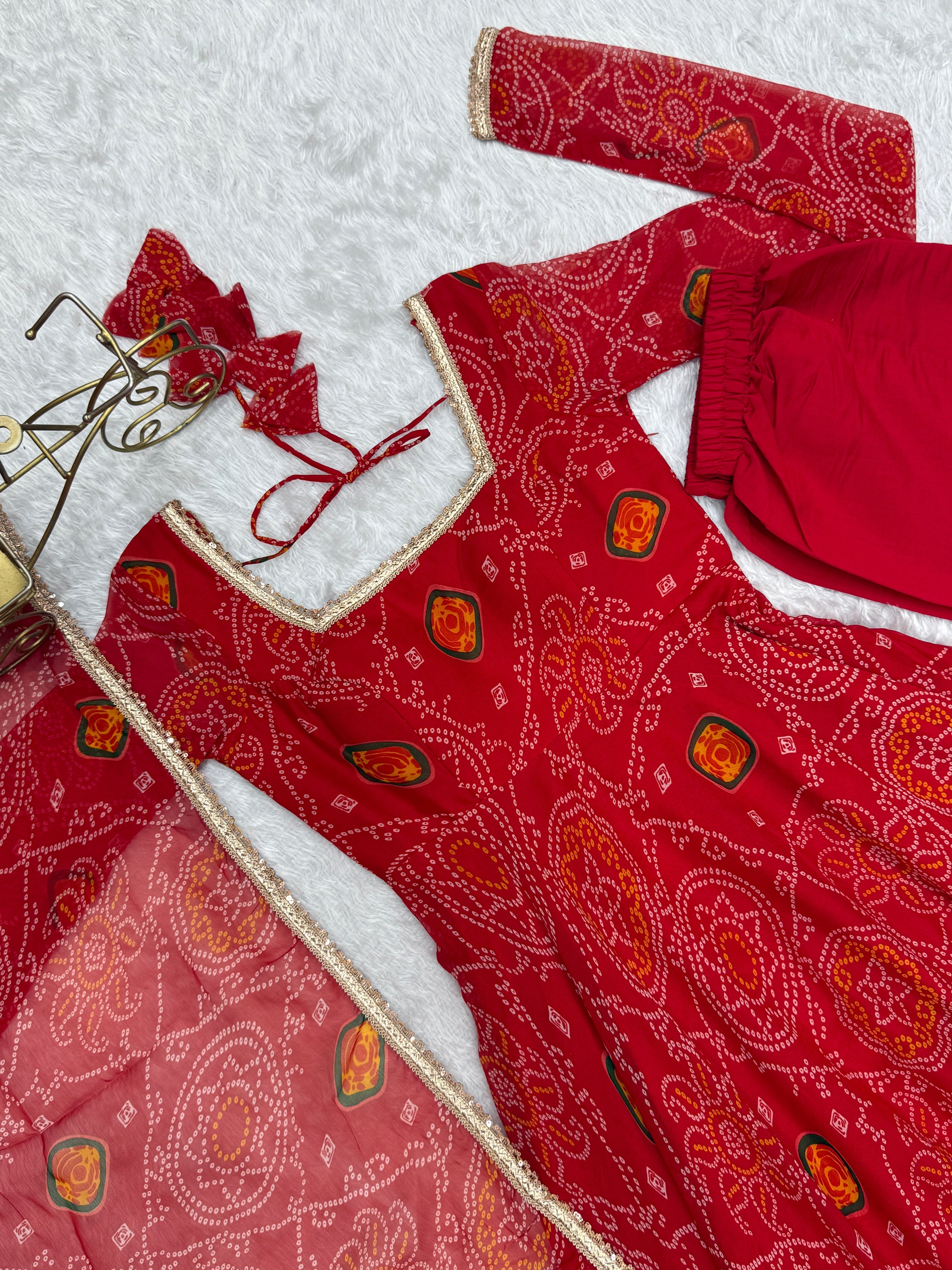 Stylish Pure Chiffon Intricate Bandhej Printed Anarkali Pant Suit - Ethnicwish