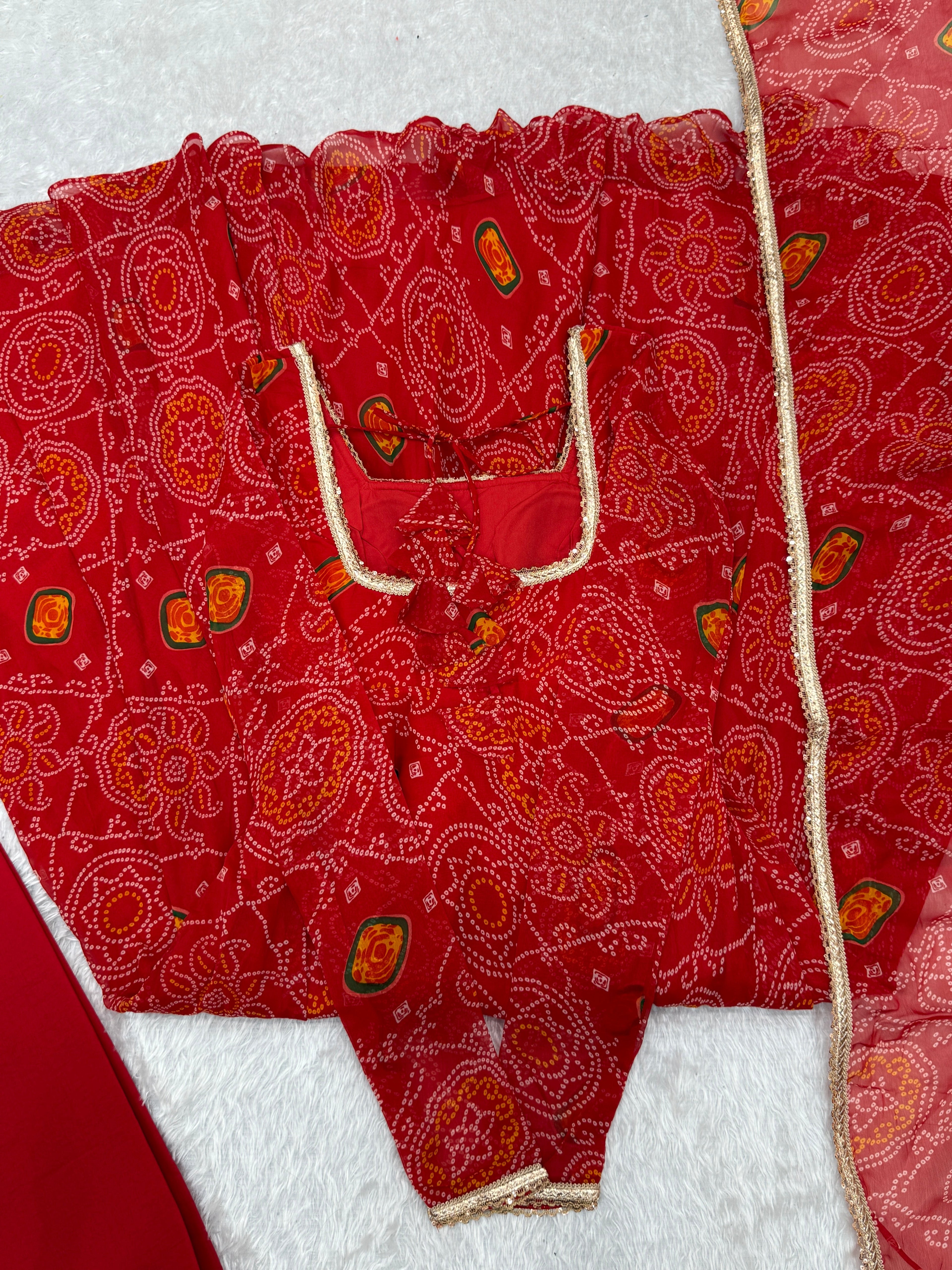 Stylish Pure Chiffon Intricate Bandhej Printed Anarkali Pant Suit - Ethnicwish