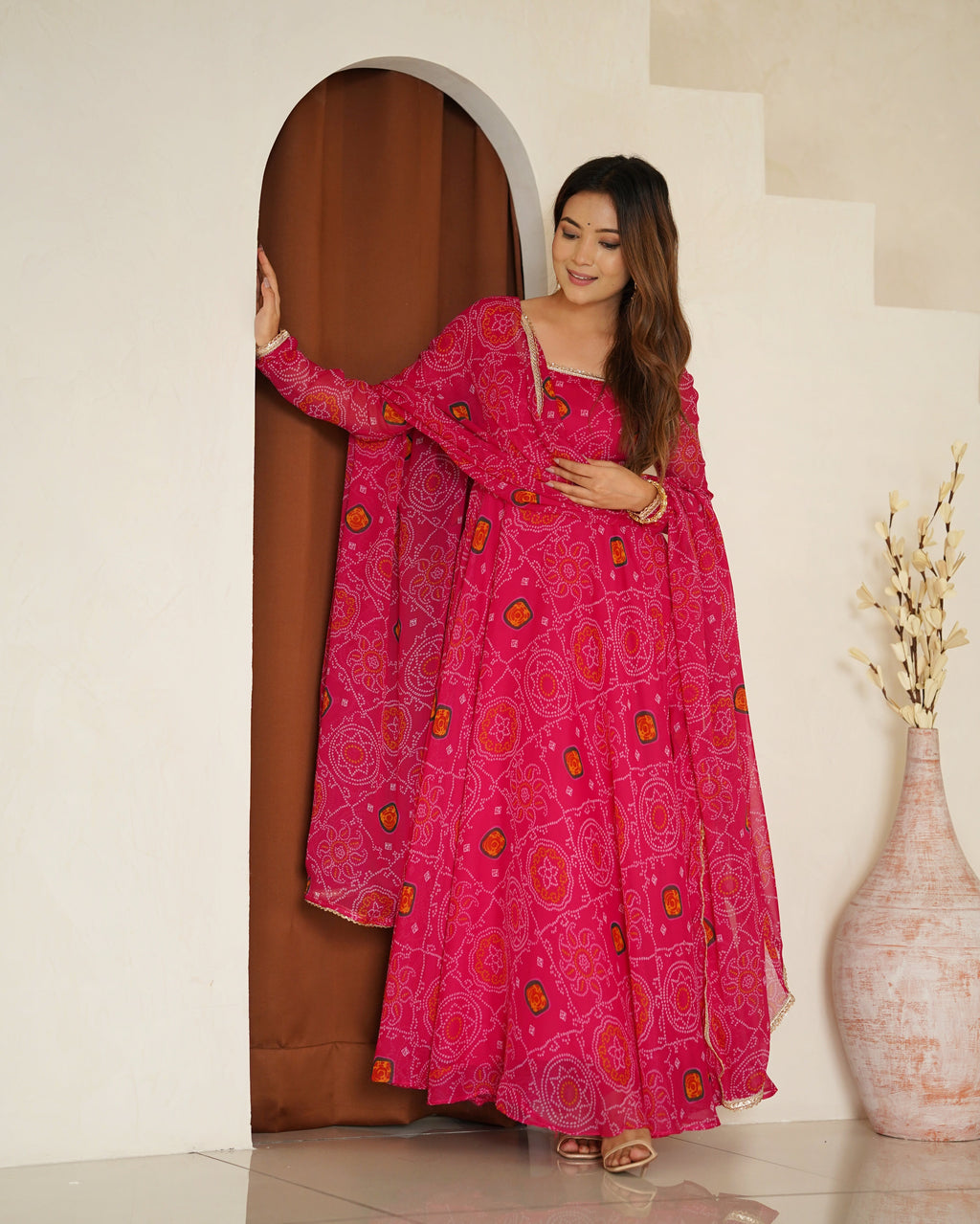 Stylish Pure Chiffon Intricate Bandhej Printed Anarkali Pant Suit - Ethnicwish