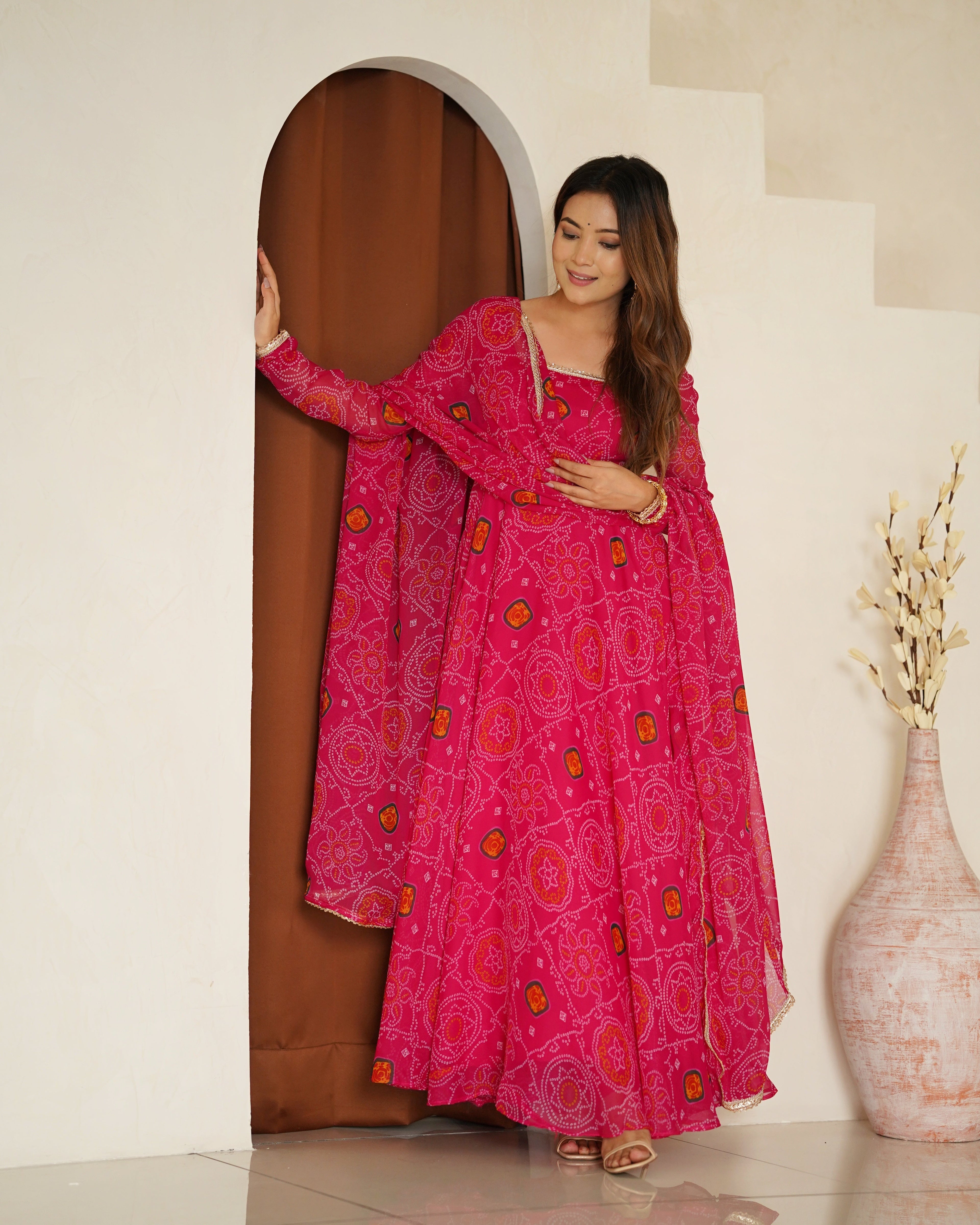Stylish Pure Chiffon Intricate Bandhej Printed Anarkali Pant Suit - Ethnicwish