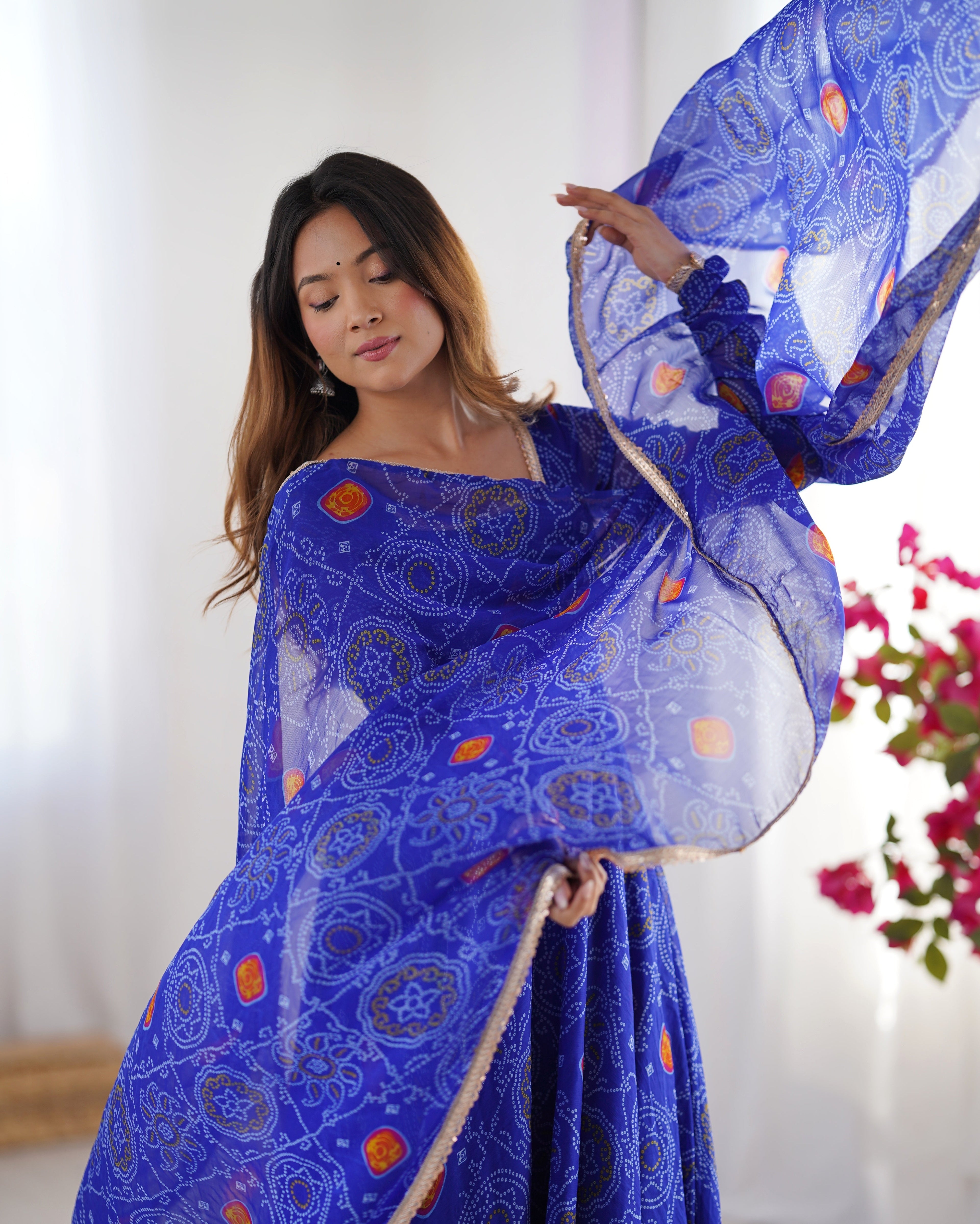 Stylish Pure Chiffon Intricate Bandhej Printed Anarkali Pant Suit - ETHNICDEAL