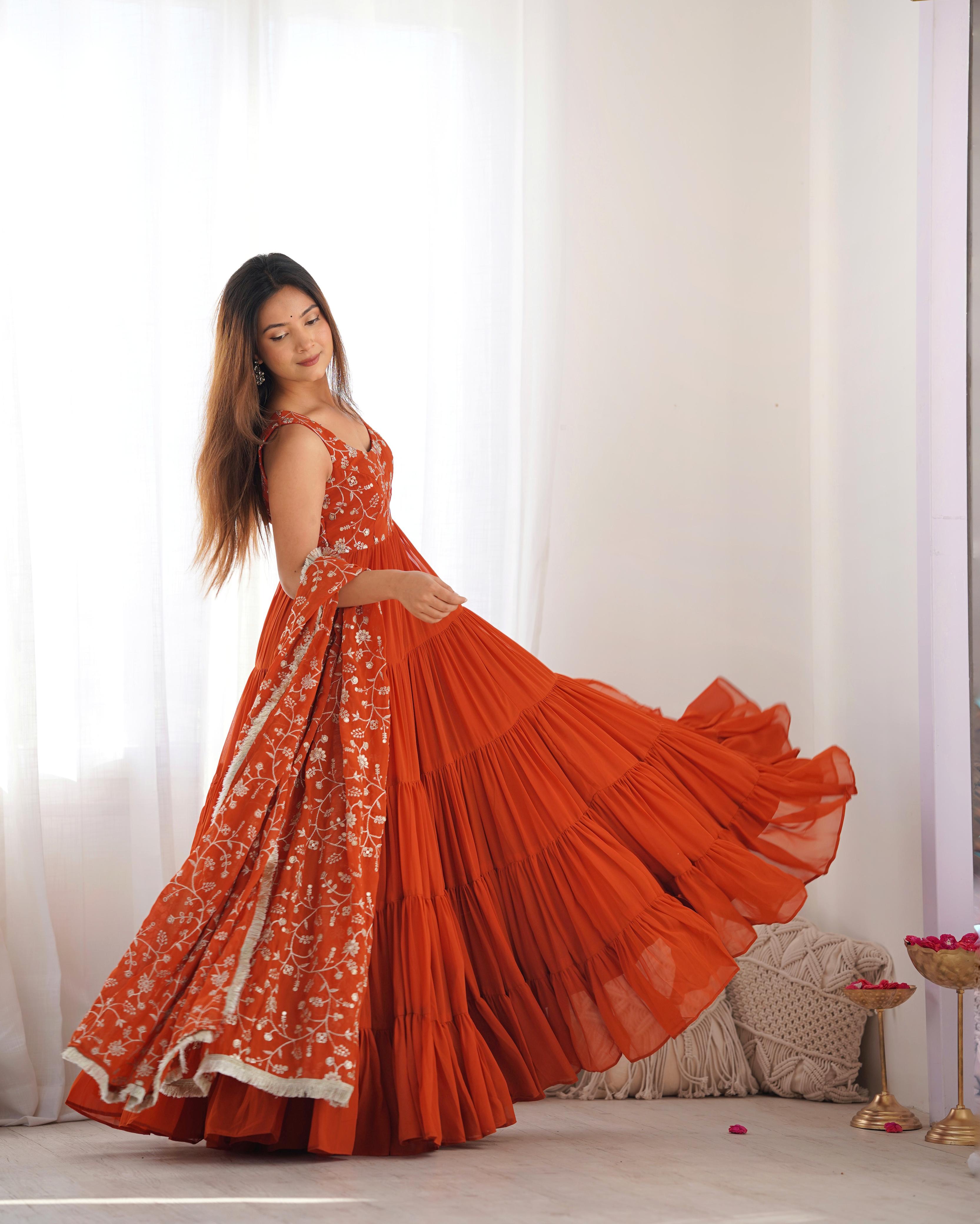 Regal Elegance in Every Twirl – Premium Rust Anarkali Set - Ethnicwish