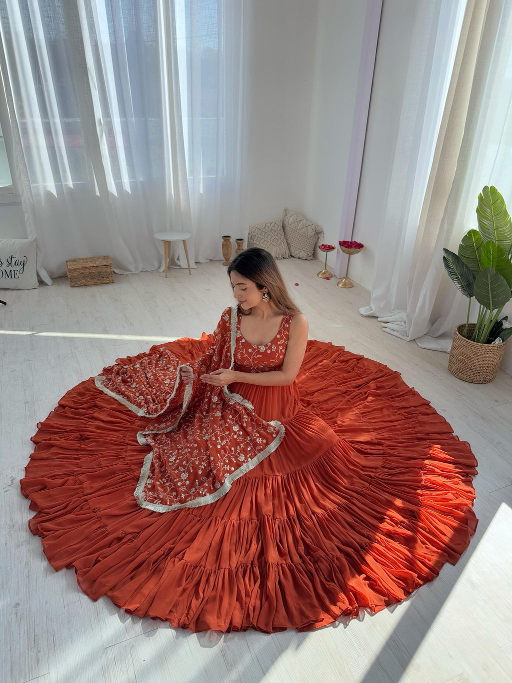 Regal Elegance in Every Twirl – Premium Rust Anarkali Set - Ethnicwish