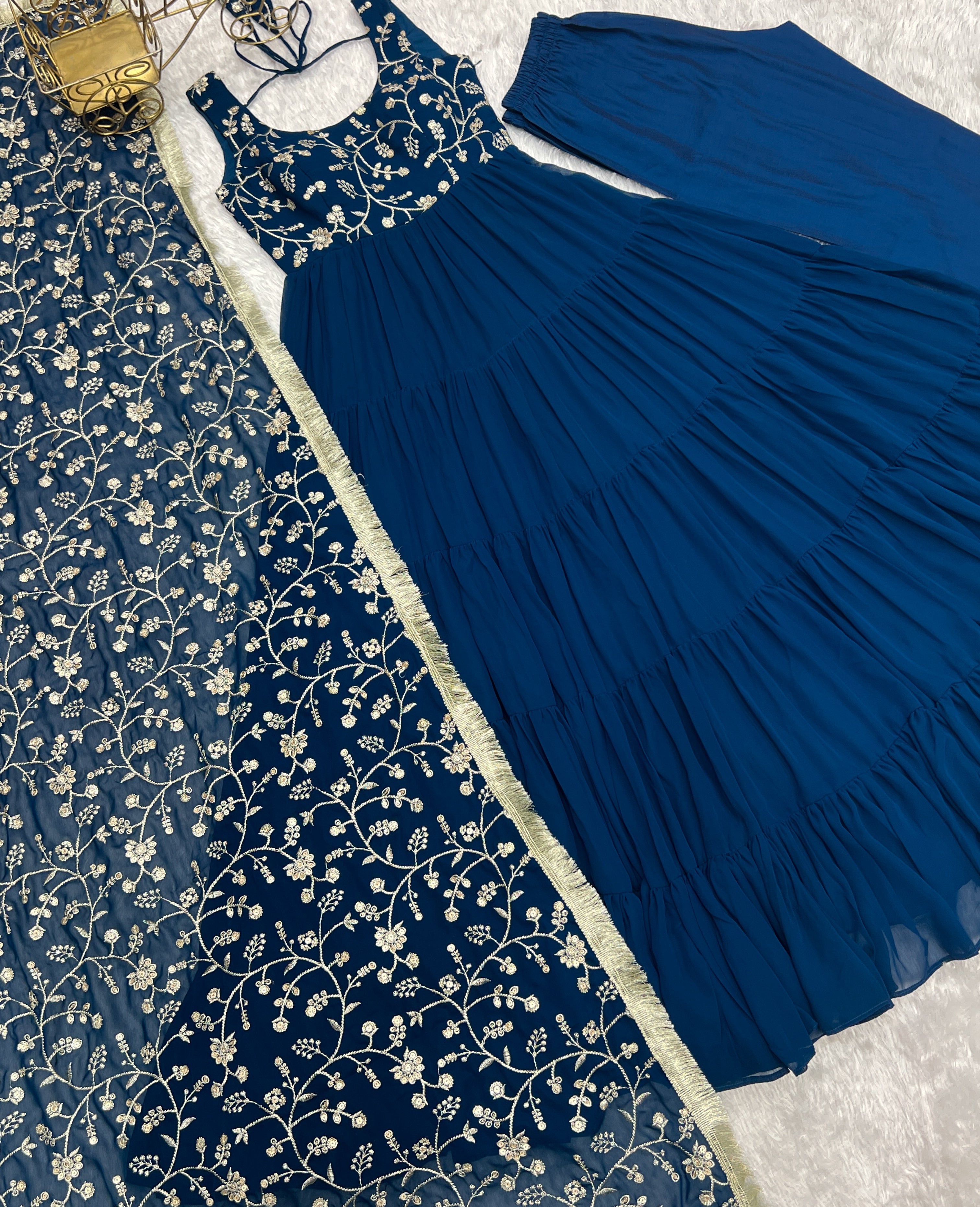 Regal Elegance in Every Twirl – Premium Teal Blue Anarkali Set - Ethnicwish