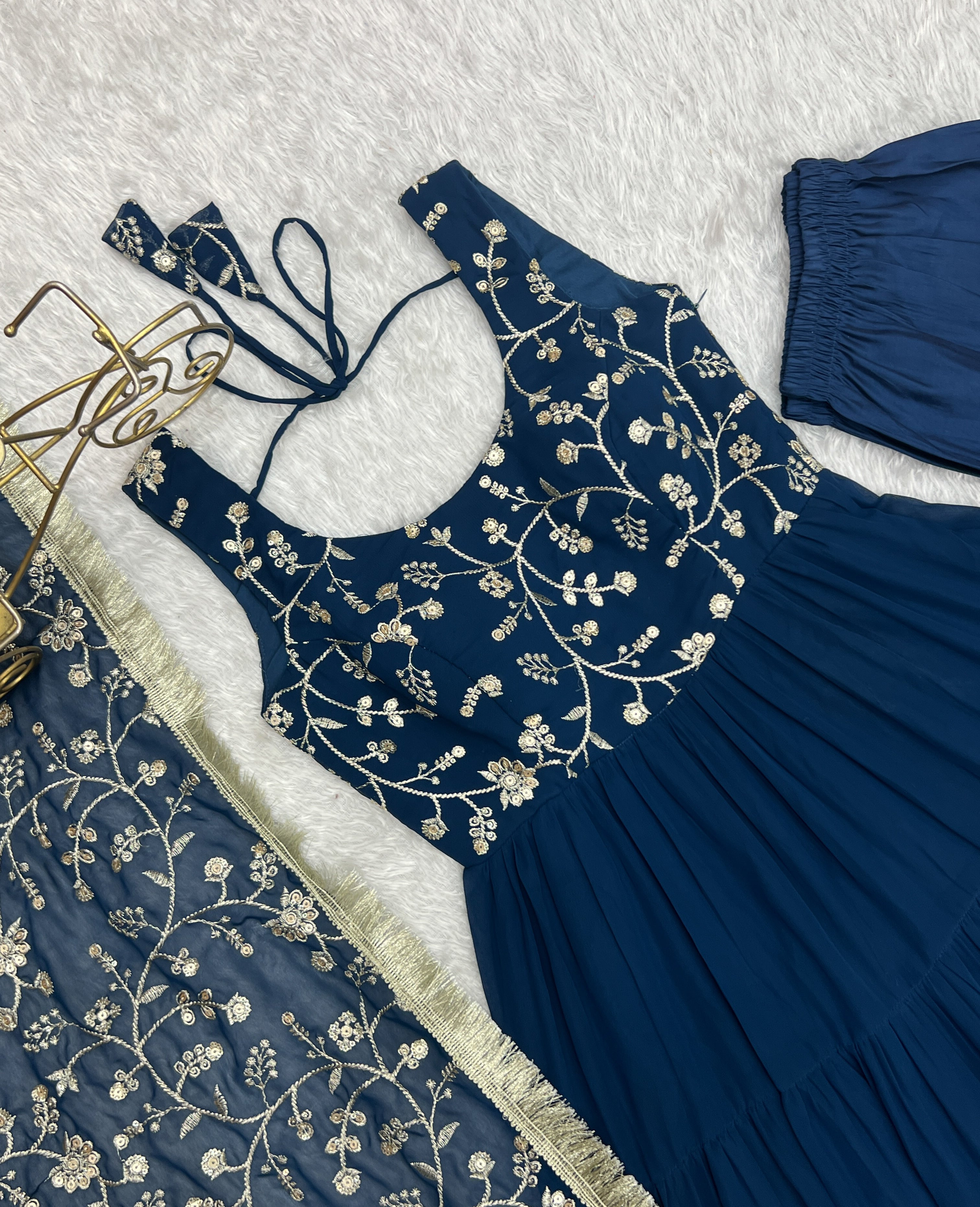 Regal Elegance in Every Twirl – Premium Teal Blue Anarkali Set - Ethnicwish