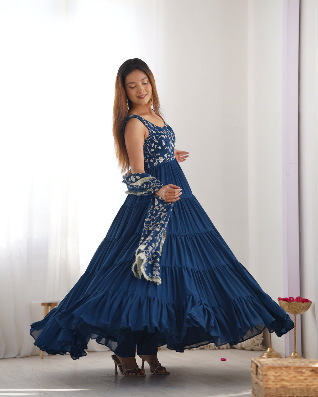 Regal Elegance in Every Twirl – Premium Teal Blue Anarkali Set - Ethnicwish