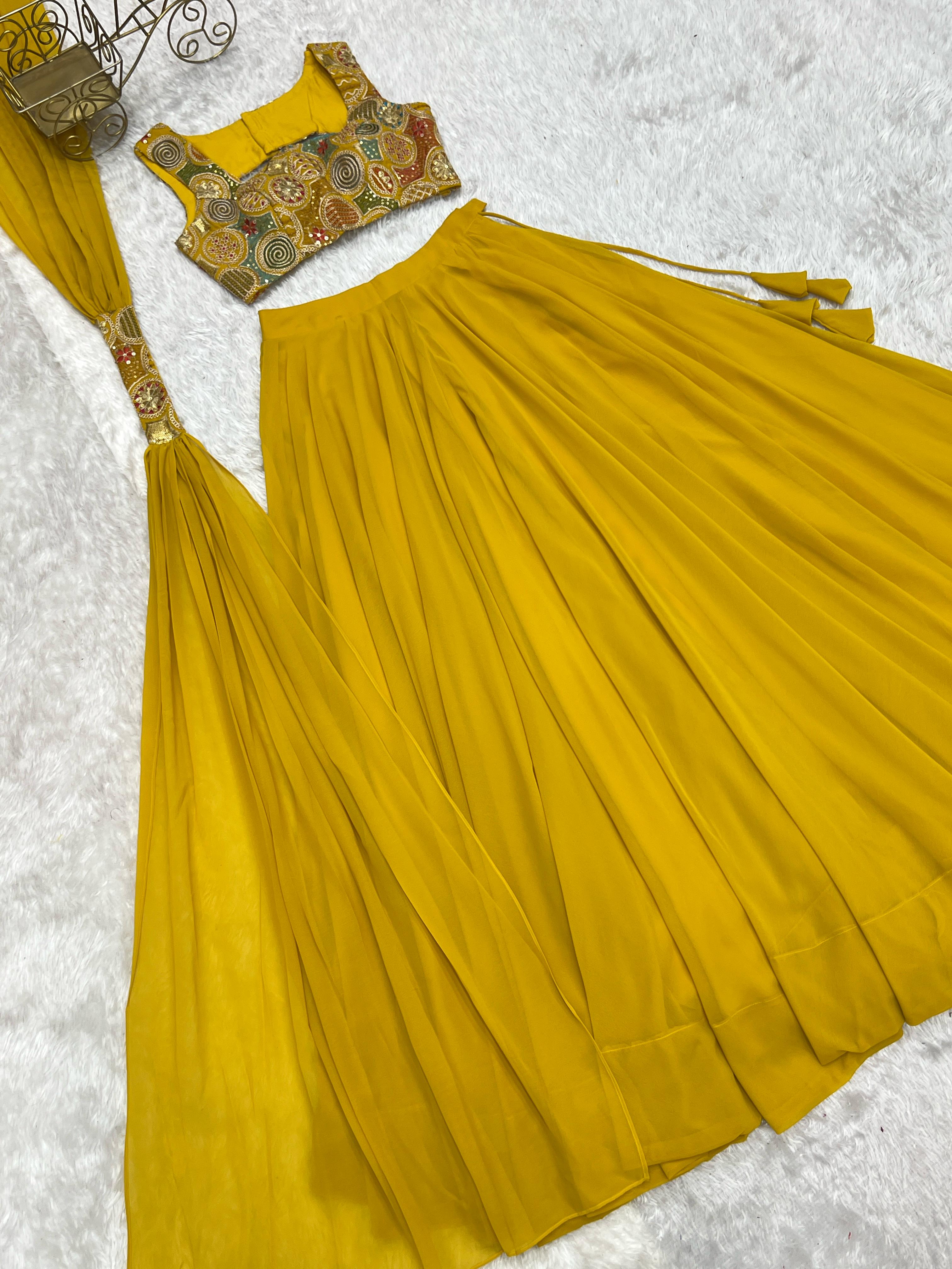 Amazing Yellow Pure Soft Faux Georgette Fully Stitched Lehenga Choli Set - Ethnicwish