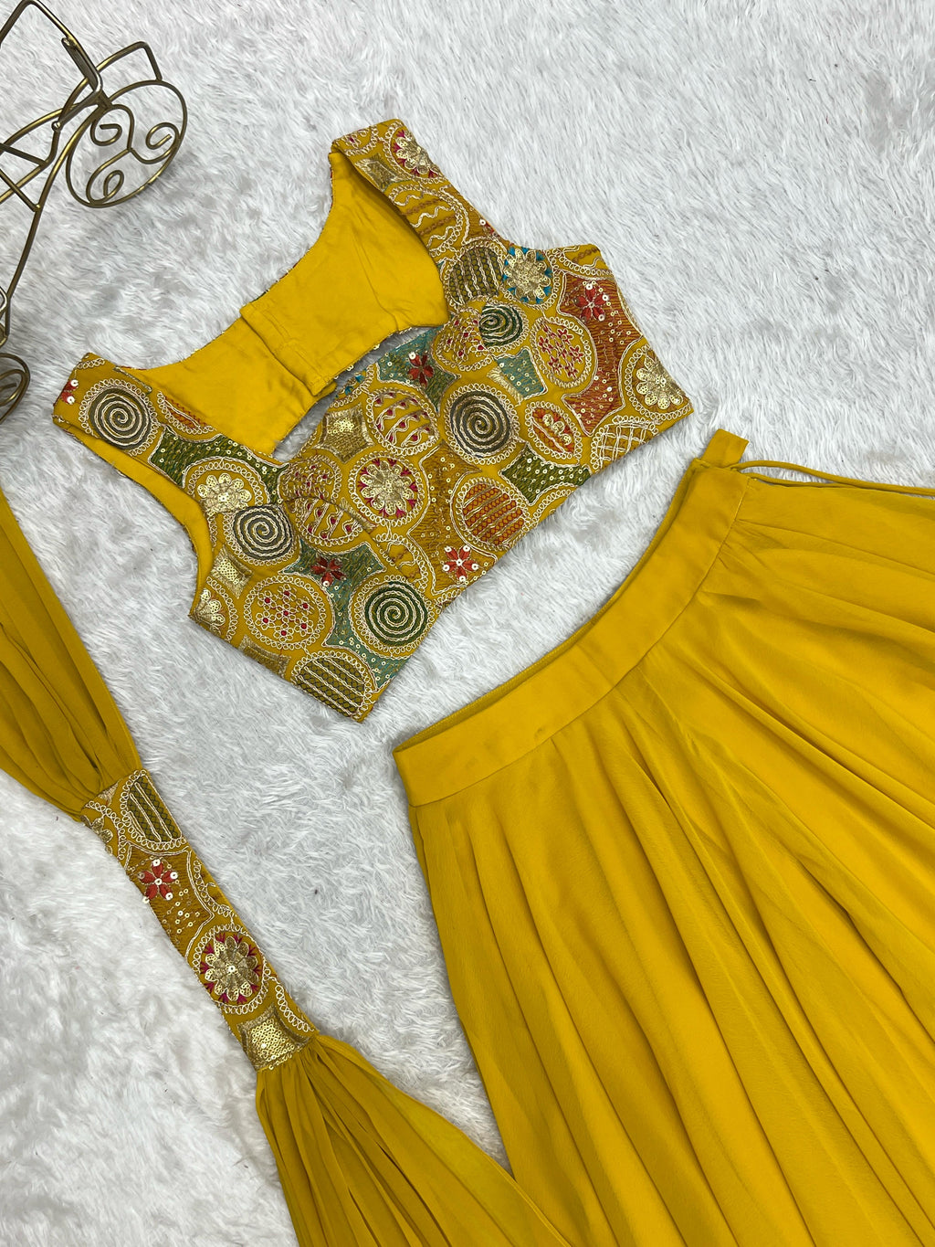 Amazing Yellow Pure Soft Faux Georgette Fully Stitched Lehenga Choli Set - Ethnicwish