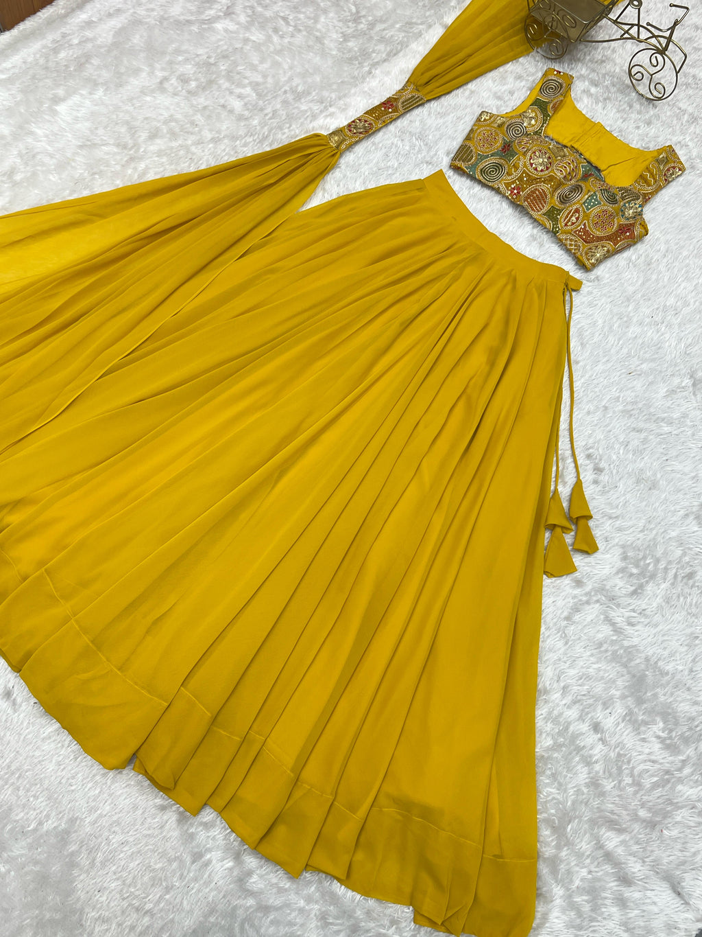 Amazing Yellow Pure Soft Faux Georgette Fully Stitched Lehenga Choli Set - Ethnicwish