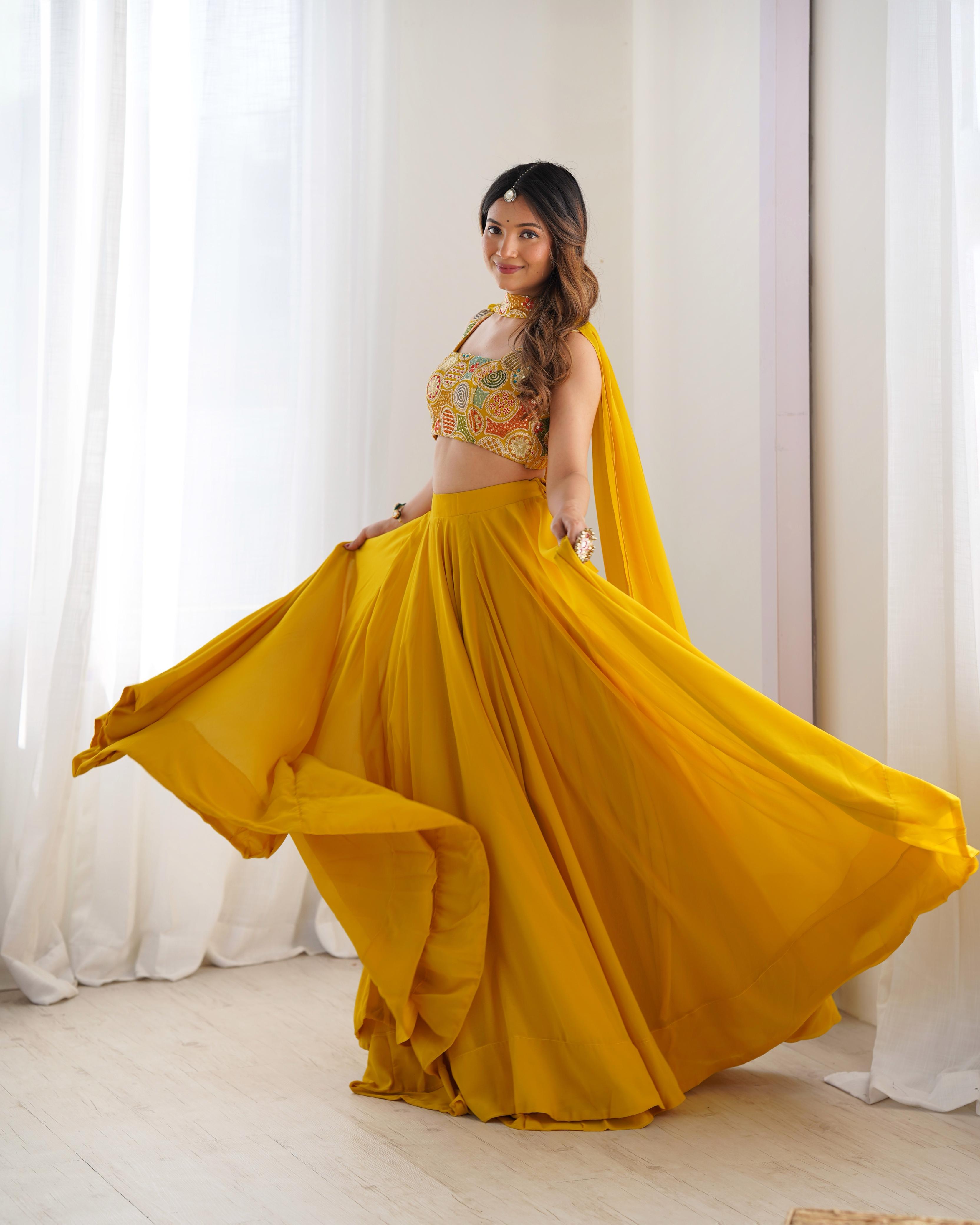 Amazing Yellow Pure Soft Faux Georgette Fully Stitched Lehenga Choli Set - Ethnicwish