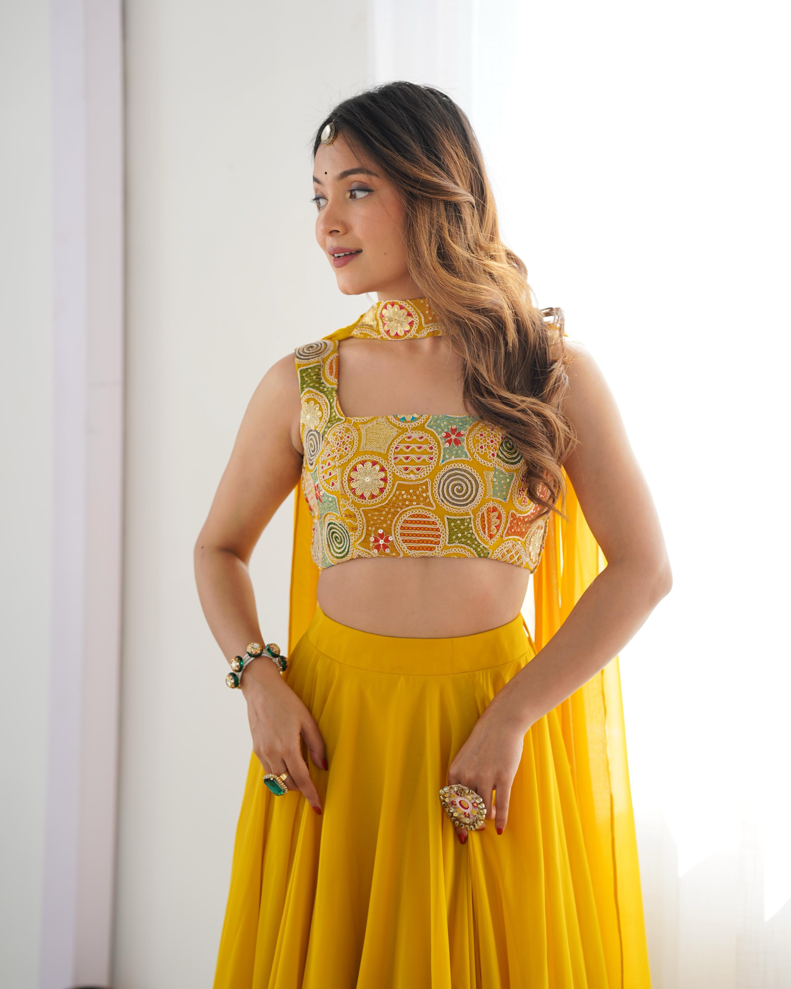 Amazing Yellow Pure Soft Faux Georgette Fully Stitched Lehenga Choli Set - Ethnicwish