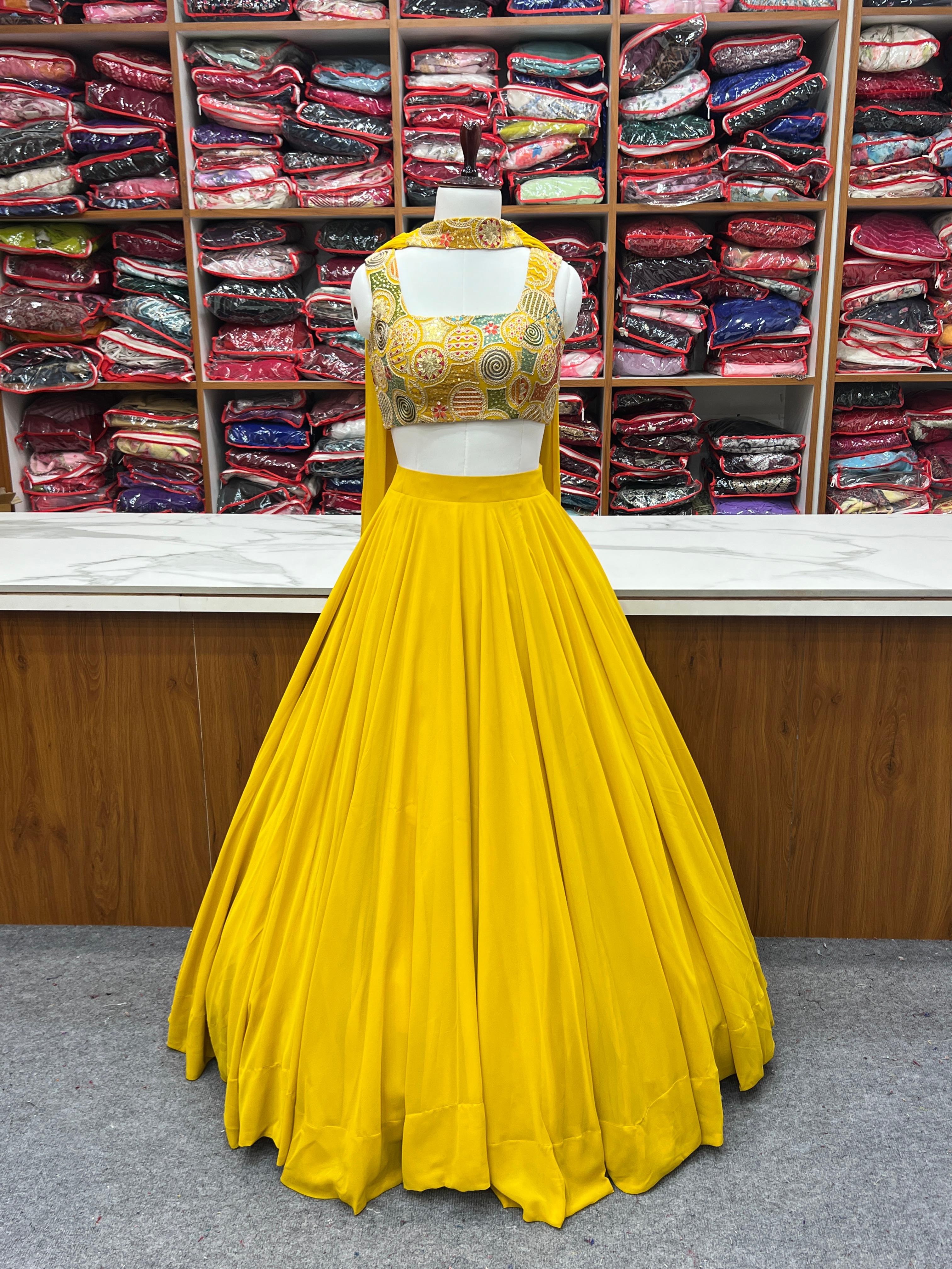 Amazing Yellow Pure Soft Faux Georgette Fully Stitched Lehenga Choli Set - Ethnicwish