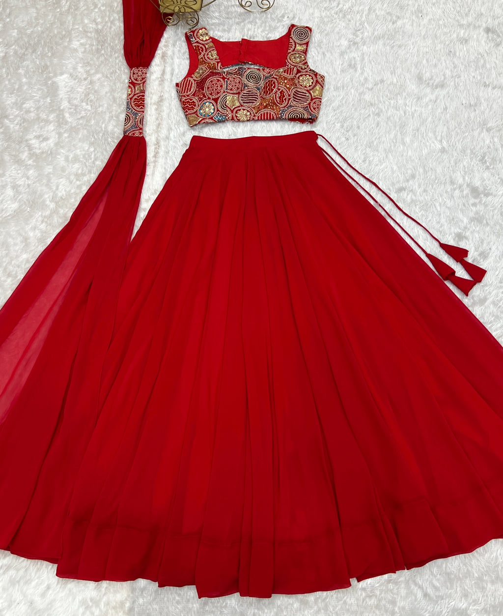 Fabulous Red Pure Soft Faux Georgette Fully Stitched Lehenga Choli Set - Ethnicwish