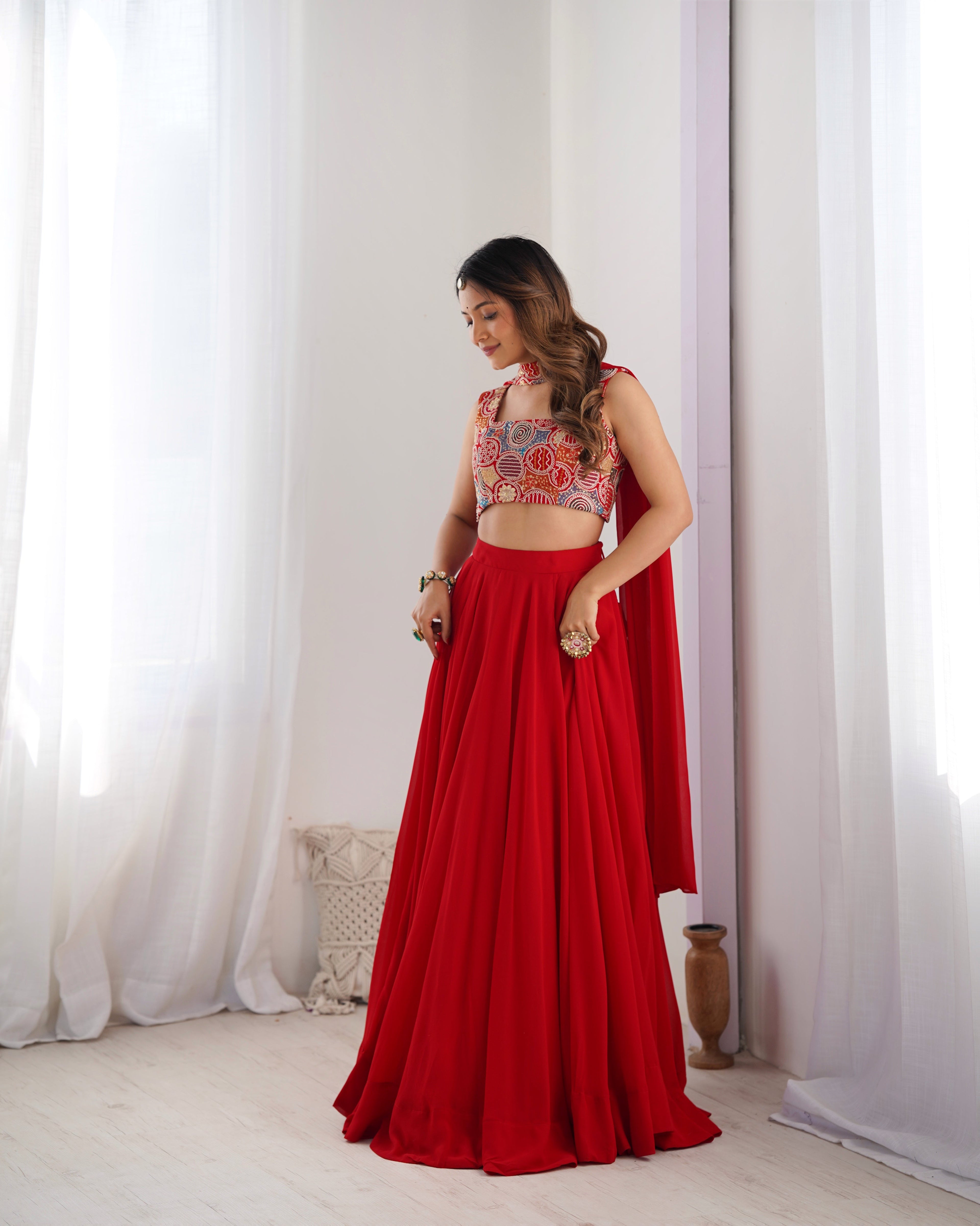 Fabulous Red Pure Soft Faux Georgette Fully Stitched Lehenga Choli Set - Ethnicwish