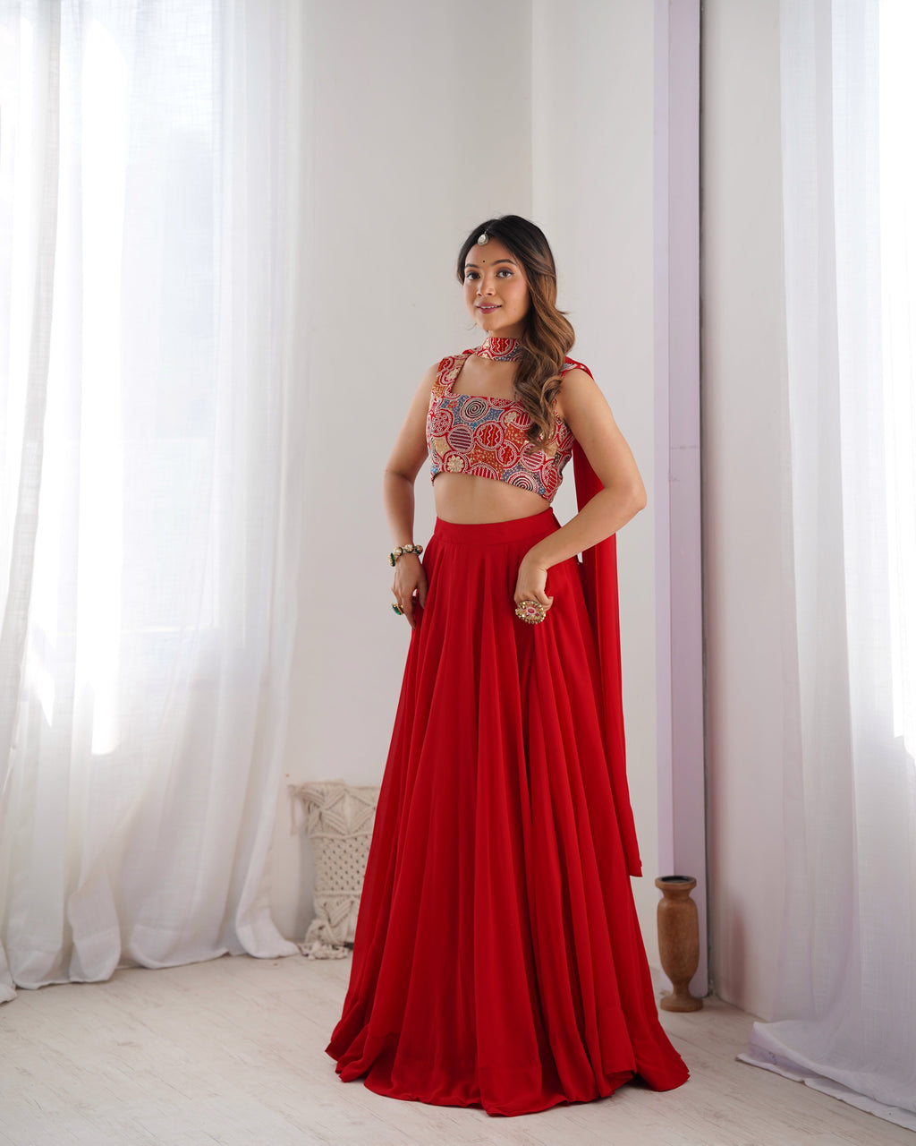 Fabulous Red Pure Soft Faux Georgette Fully Stitched Lehenga Choli Set - Ethnicwish