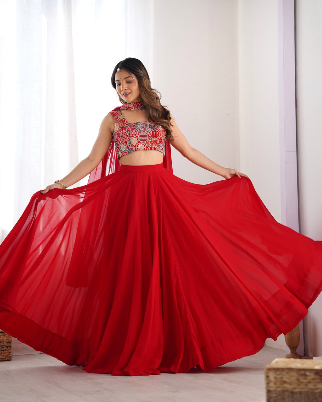 Fabulous Red Pure Soft Faux Georgette Fully Stitched Lehenga Choli Set - Ethnicwish