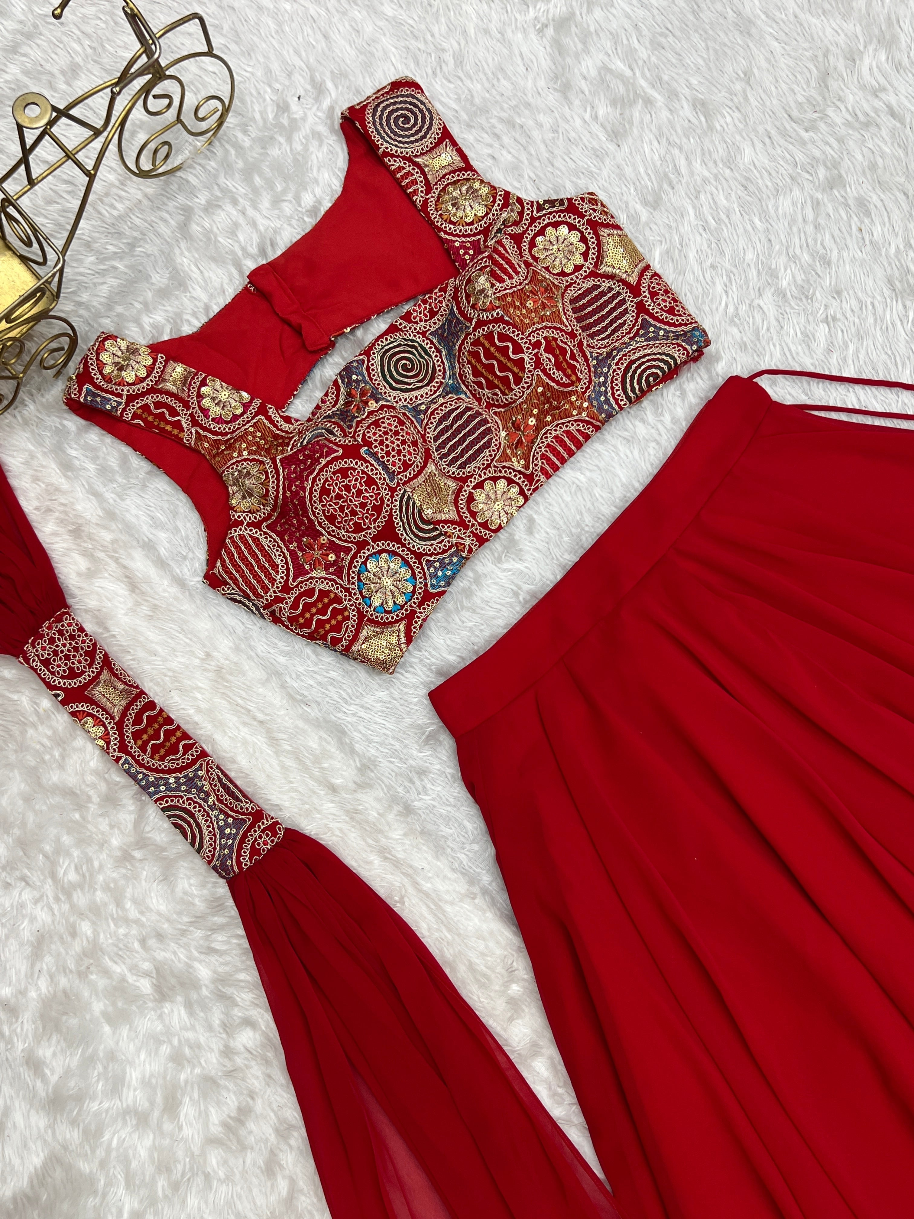 Fabulous Red Pure Soft Faux Georgette Fully Stitched Lehenga Choli Set - Ethnicwish