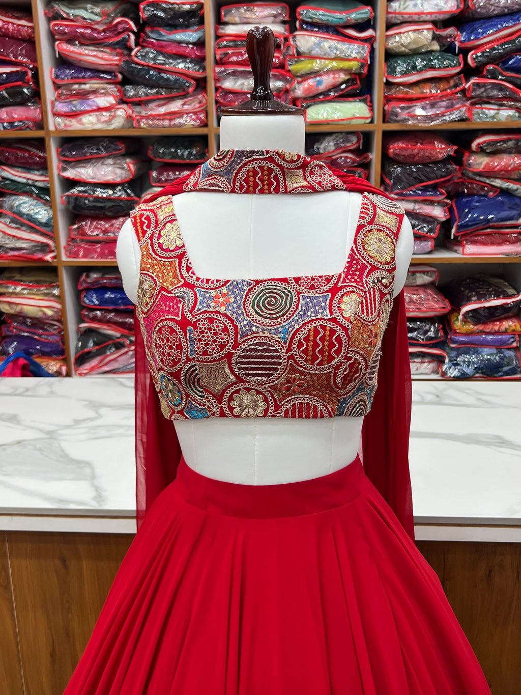 Fabulous Red Pure Soft Faux Georgette Fully Stitched Lehenga Choli Set - Ethnicwish