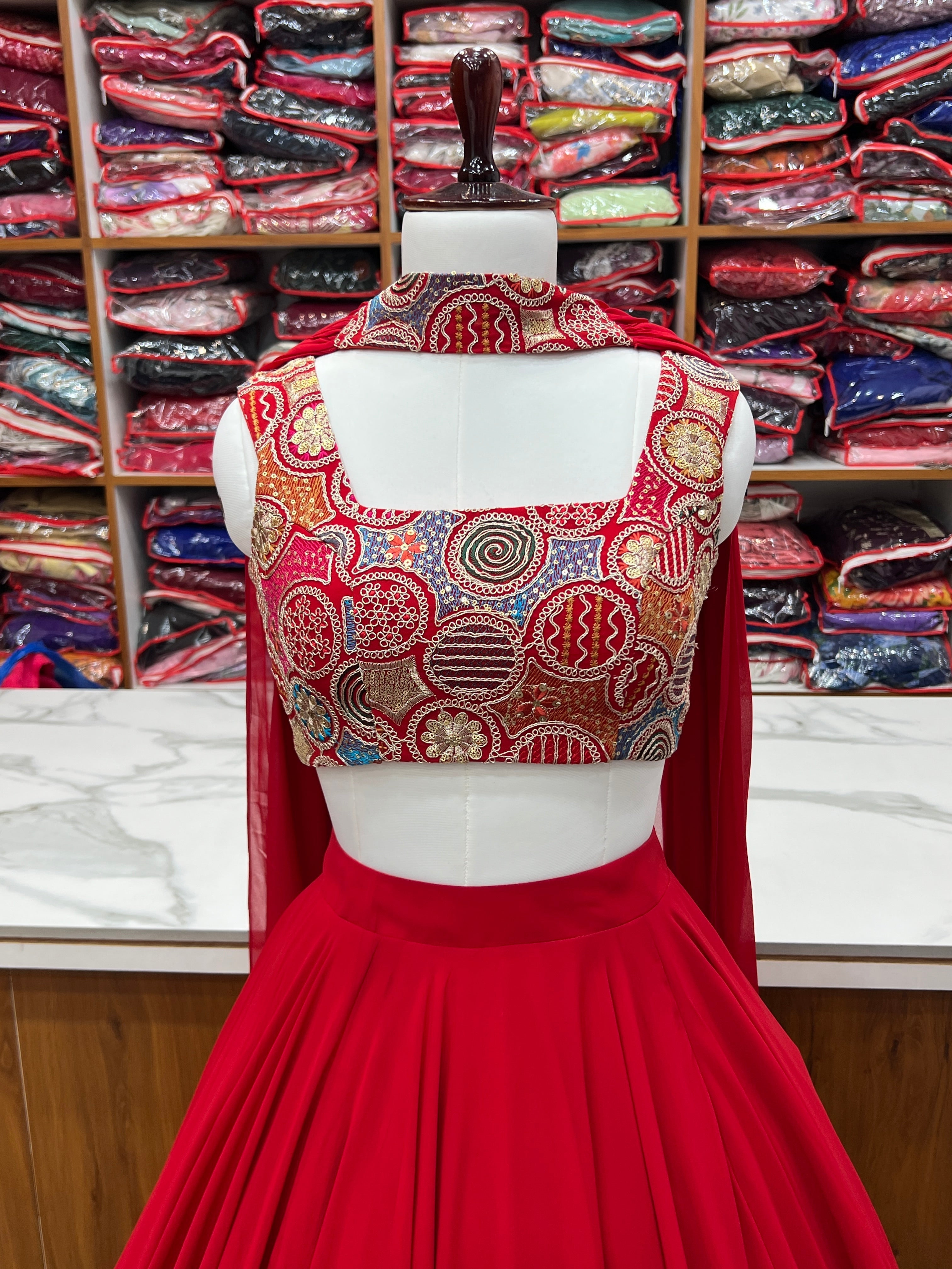 Fabulous Red Pure Soft Faux Georgette Fully Stitched Lehenga Choli Set - Ethnicwish