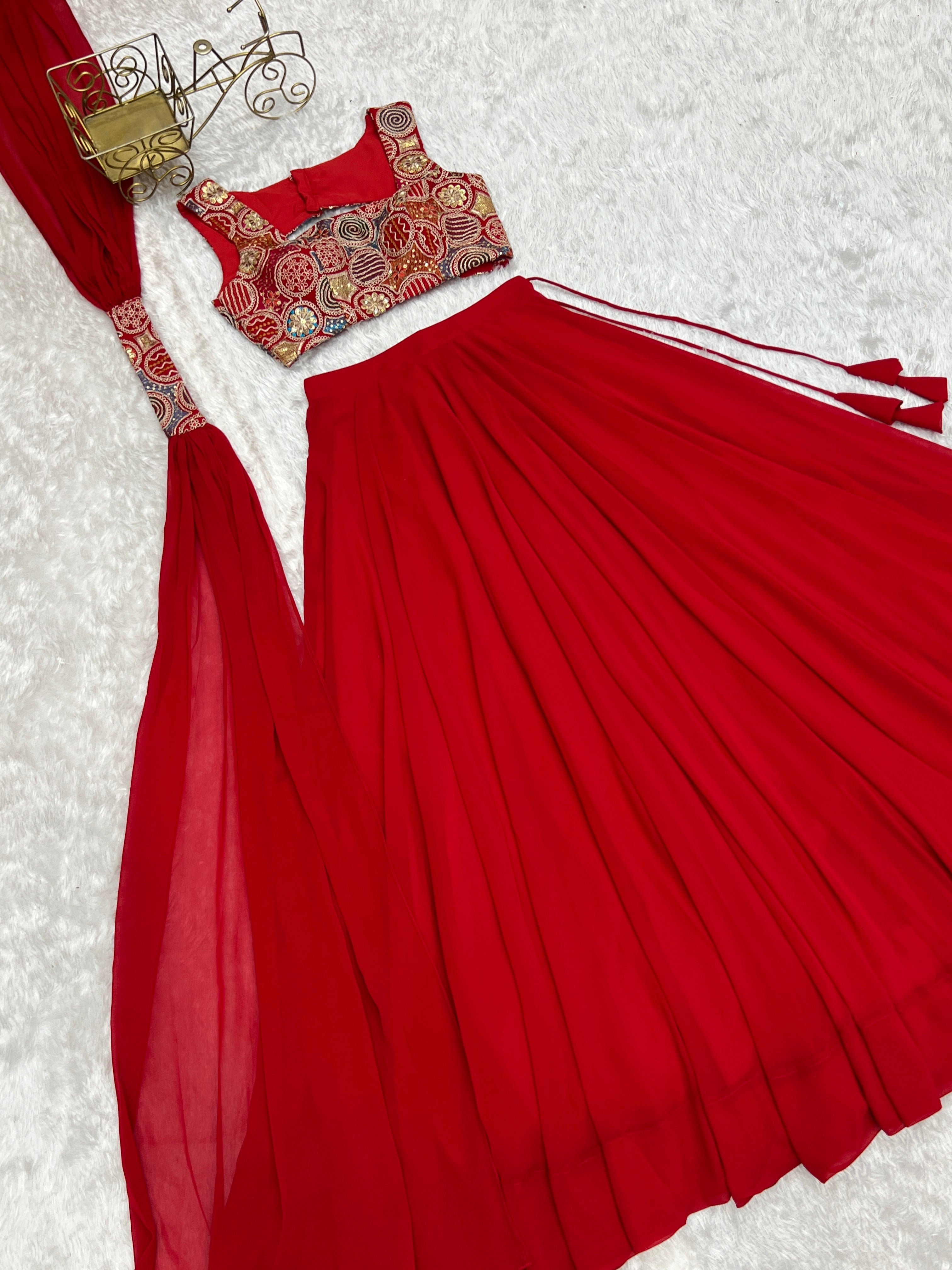 Fabulous Red Pure Soft Faux Georgette Fully Stitched Lehenga Choli Set - Ethnicwish