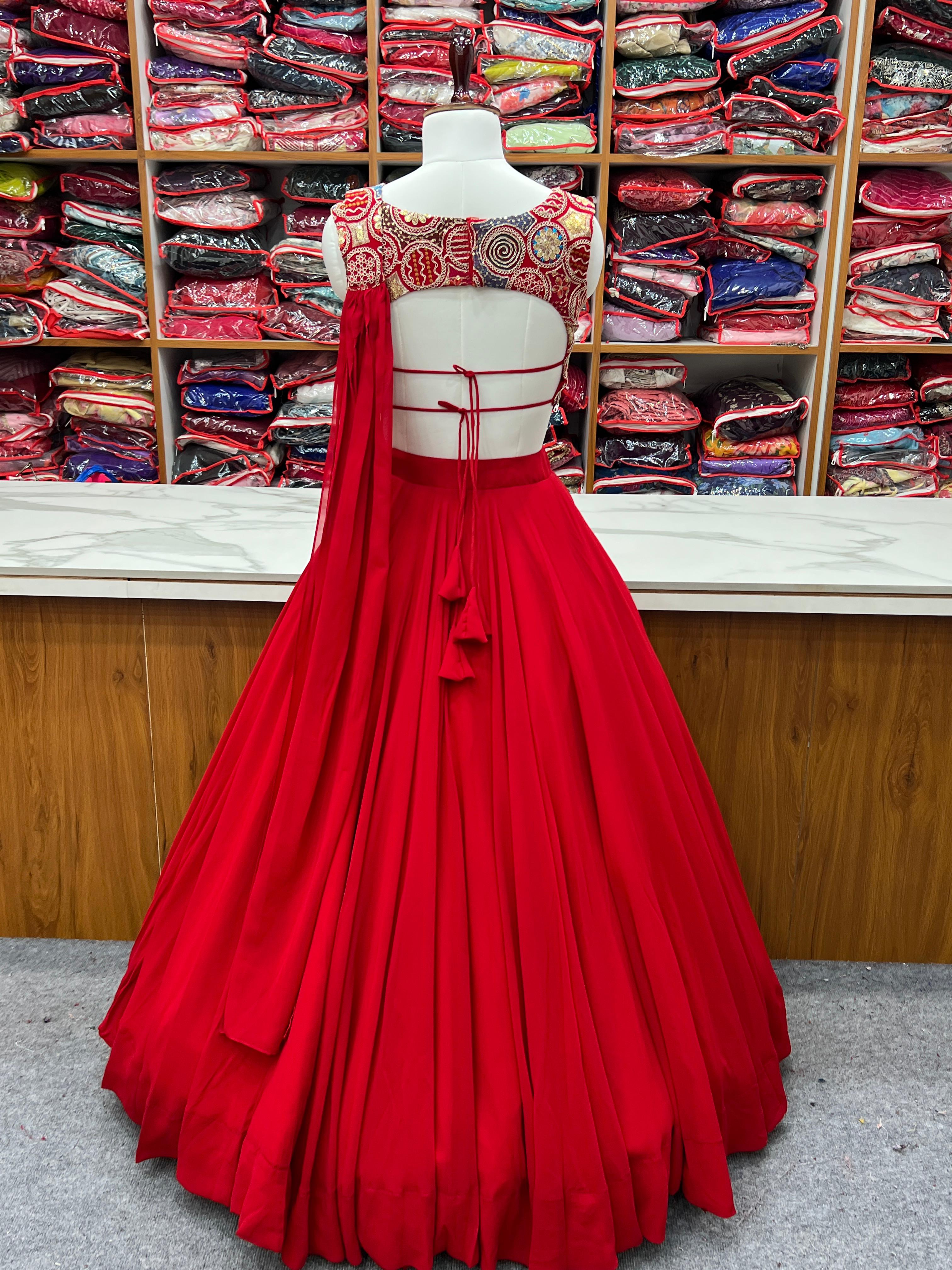 Fabulous Red Pure Soft Faux Georgette Fully Stitched Lehenga Choli Set - Ethnicwish