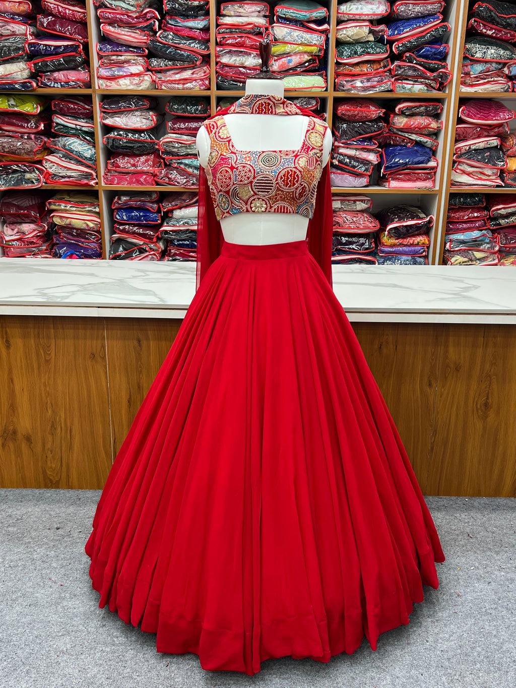Fabulous Red Pure Soft Faux Georgette Fully Stitched Lehenga Choli Set - Ethnicwish