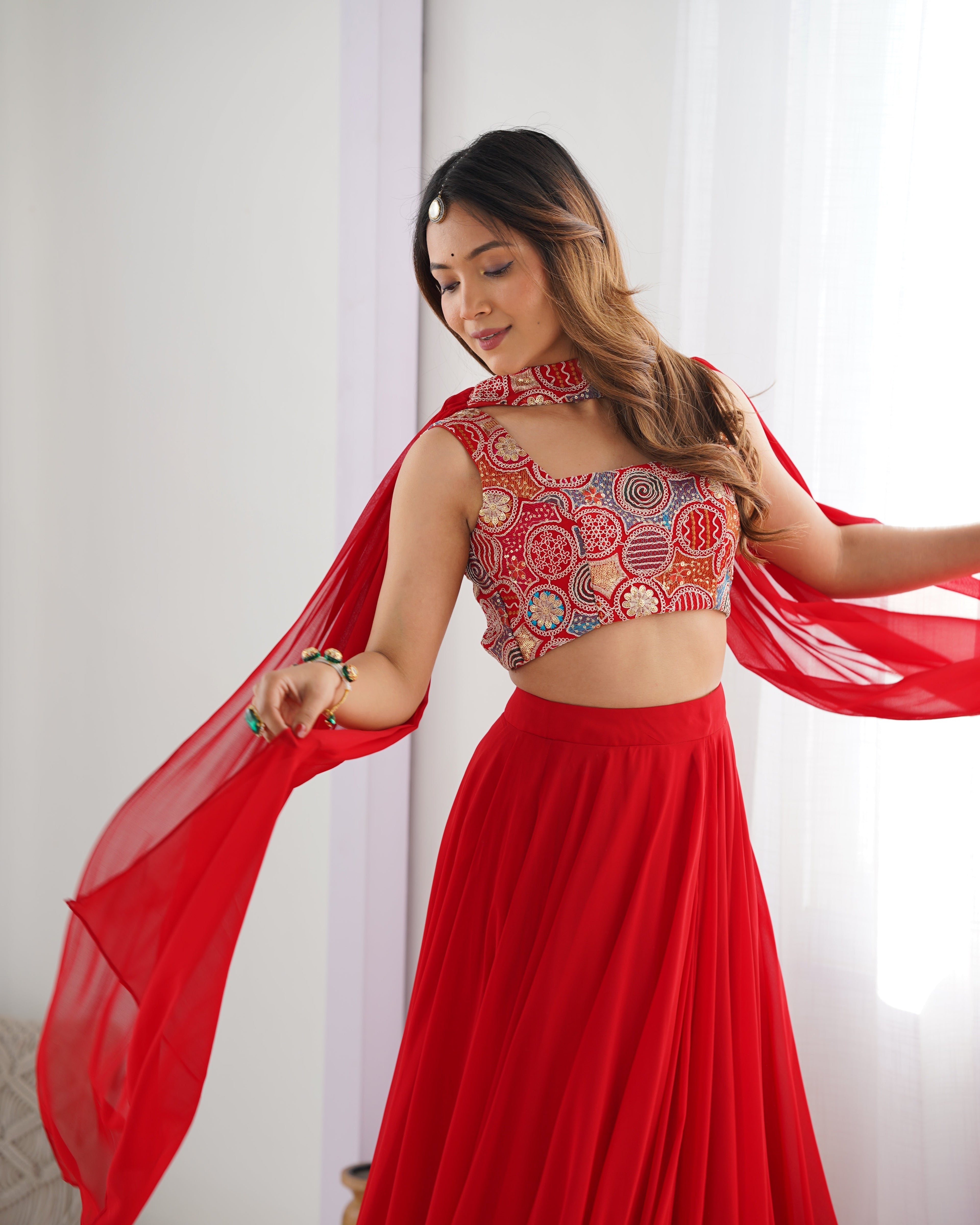 Fabulous Red Pure Soft Faux Georgette Fully Stitched Lehenga Choli Set - Ethnicwish